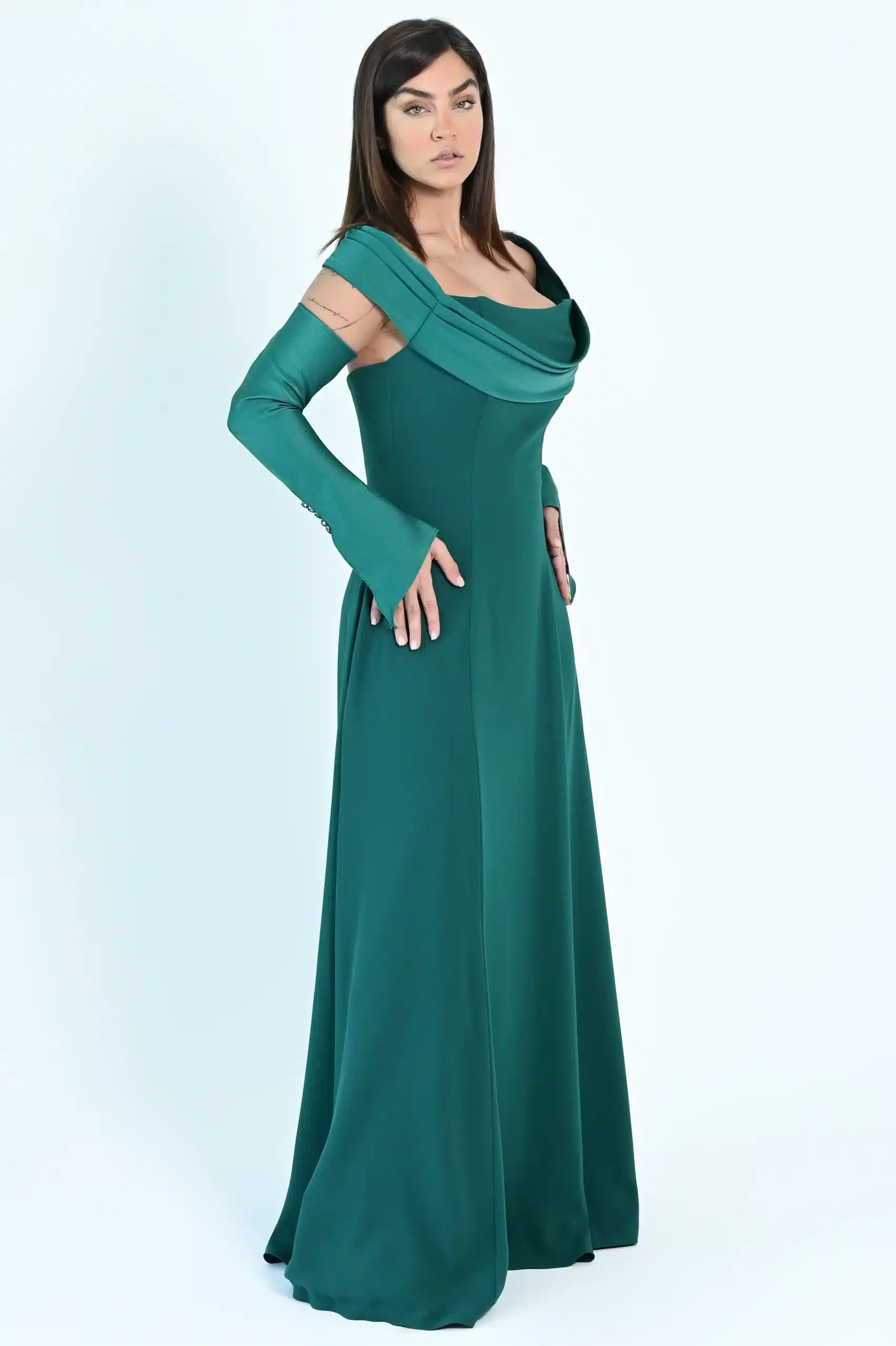 Draped Off Shoulder Crepe Dress