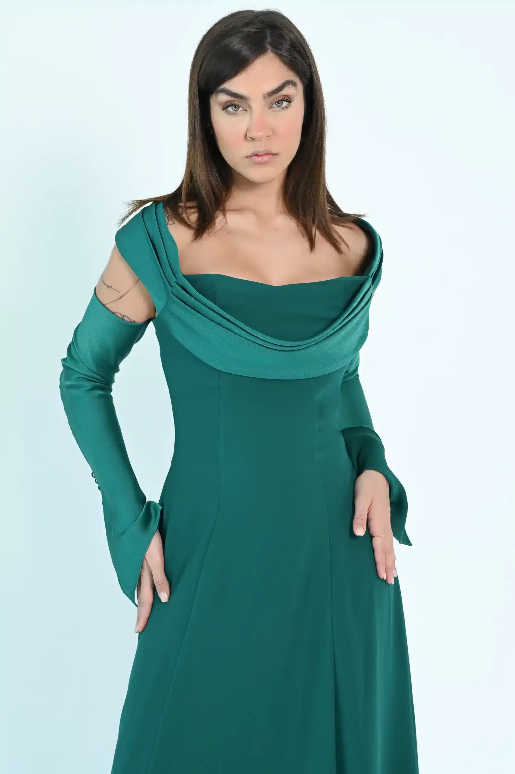 Draped Off Shoulder Crepe Dress