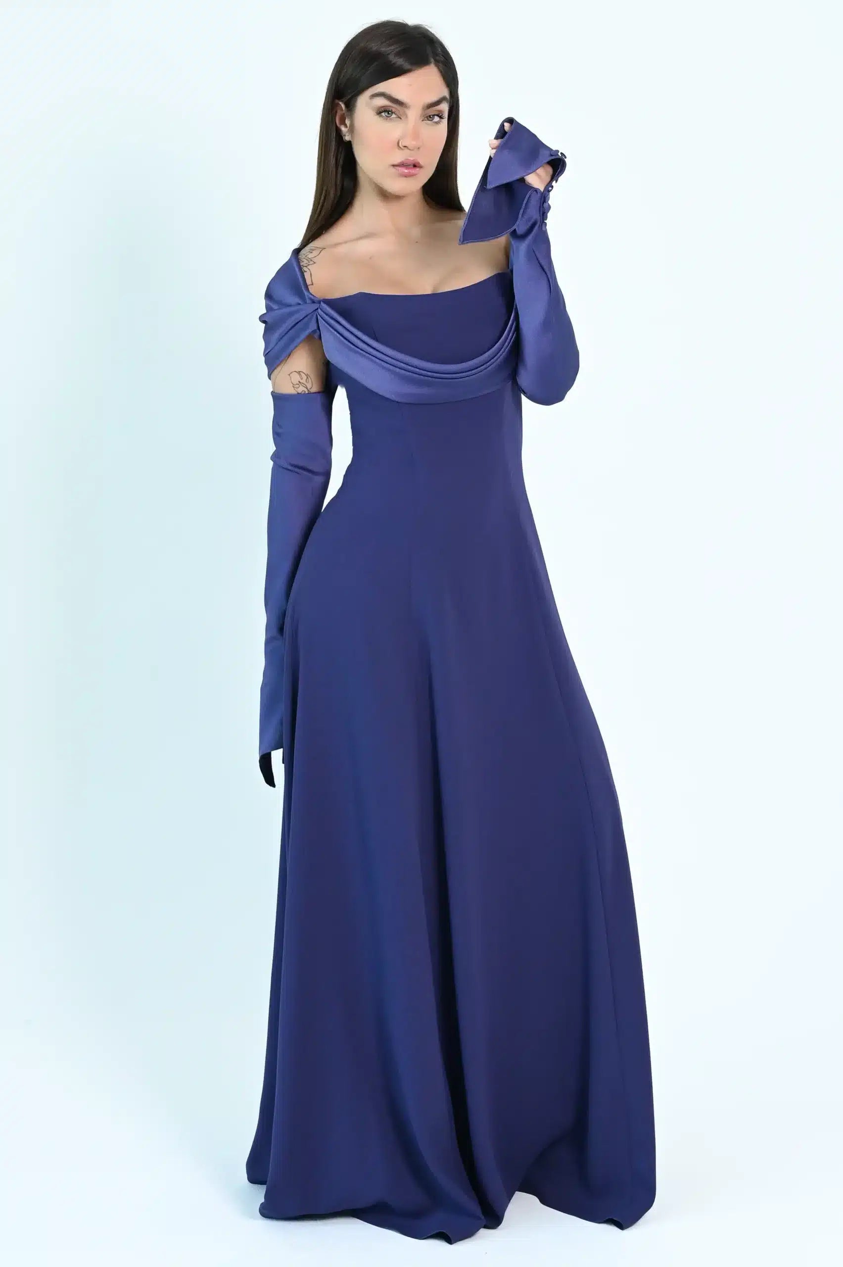 Draped Off Shoulder Crepe Dress