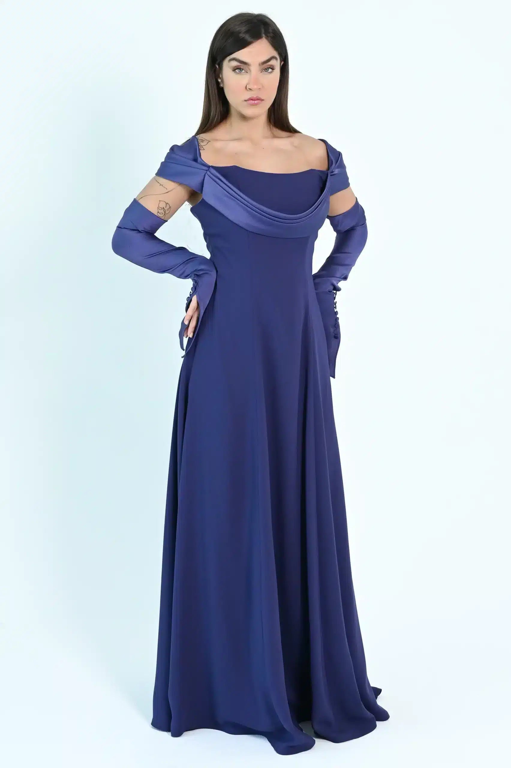 Draped Off Shoulder Crepe Dress