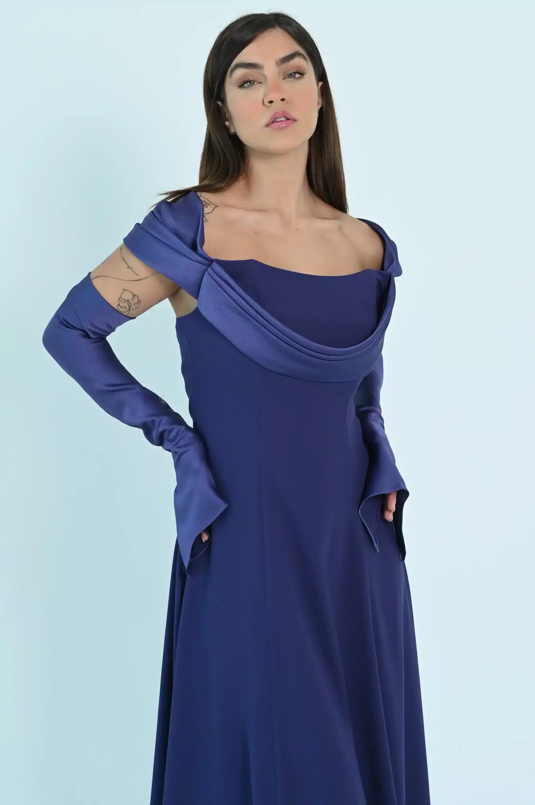 Draped Off Shoulder Crepe Dress