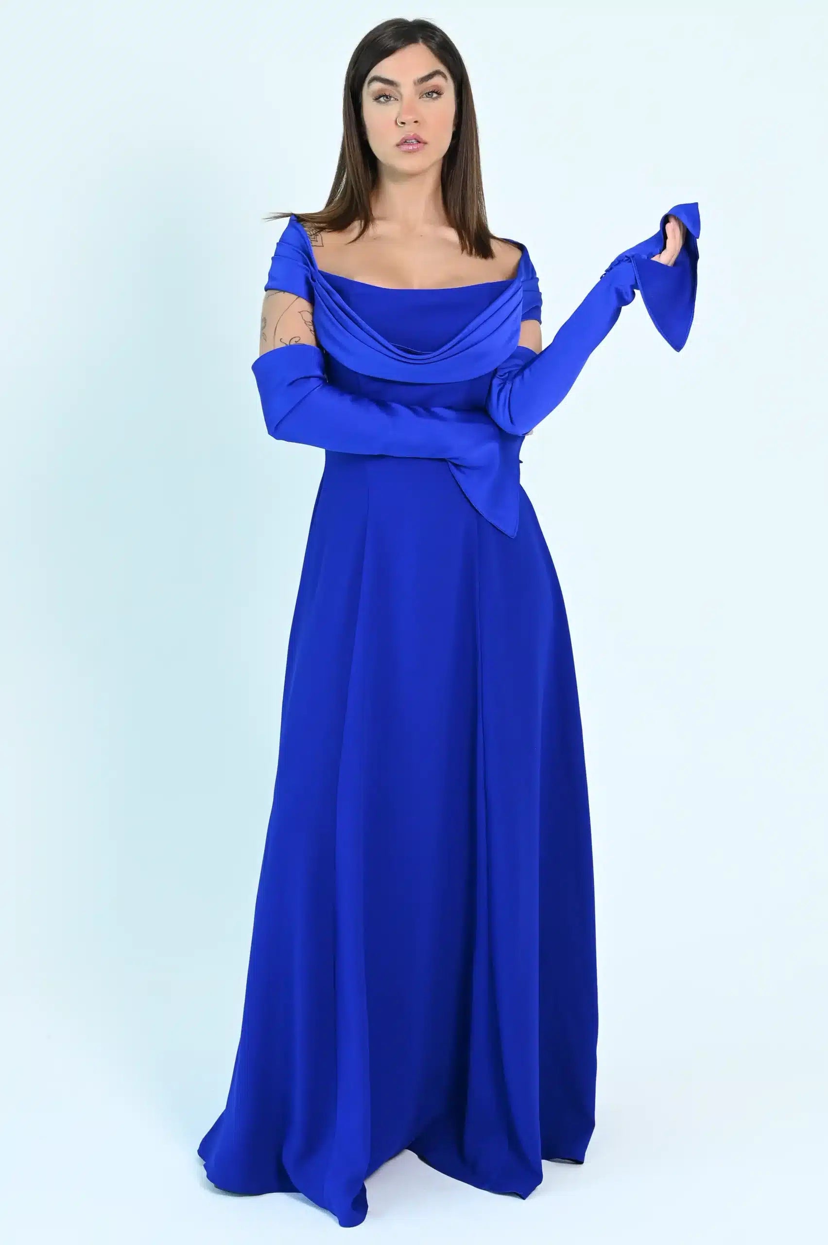 Draped Off Shoulder Crepe Dress
