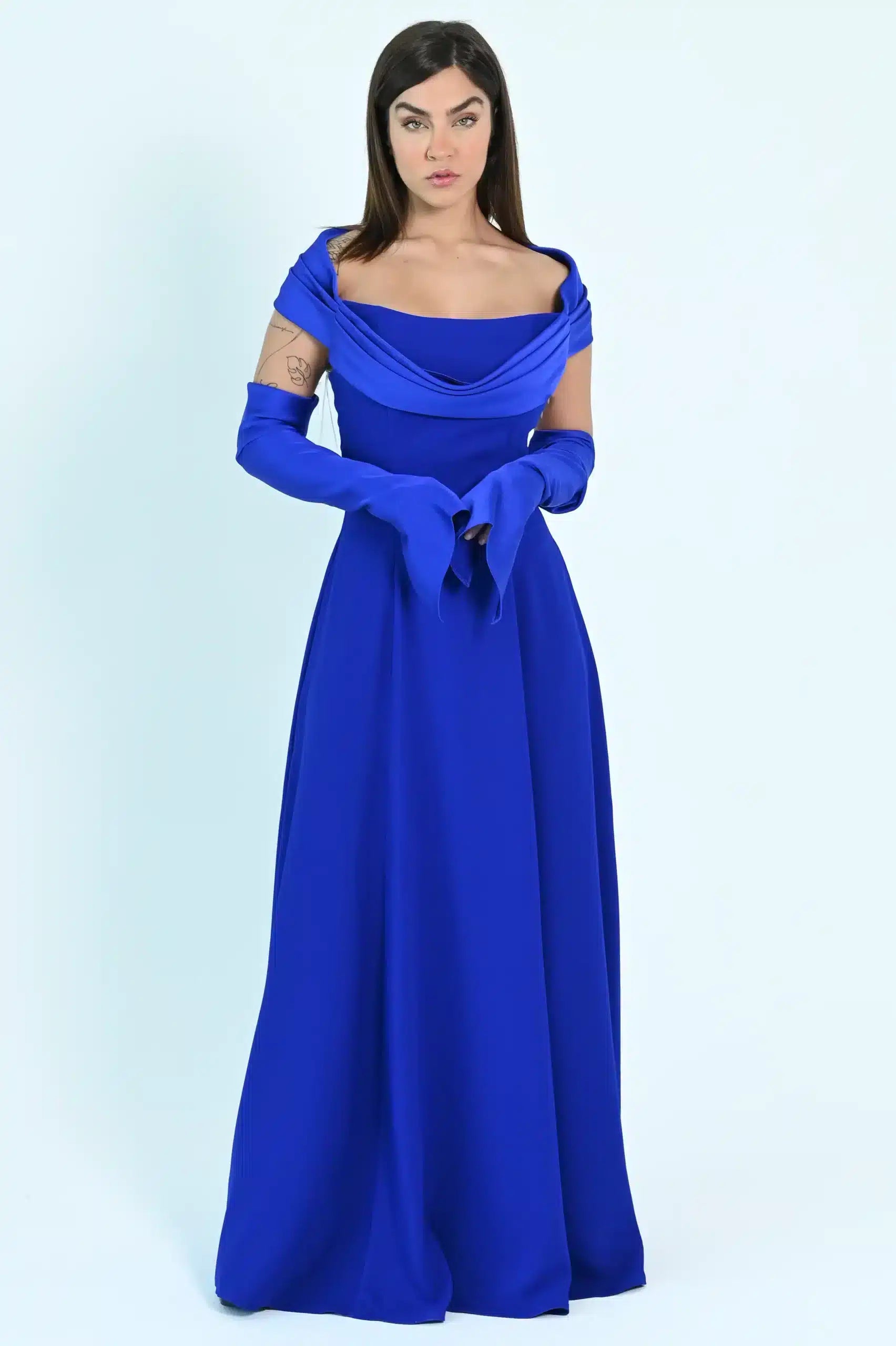 Draped Off Shoulder Crepe Dress