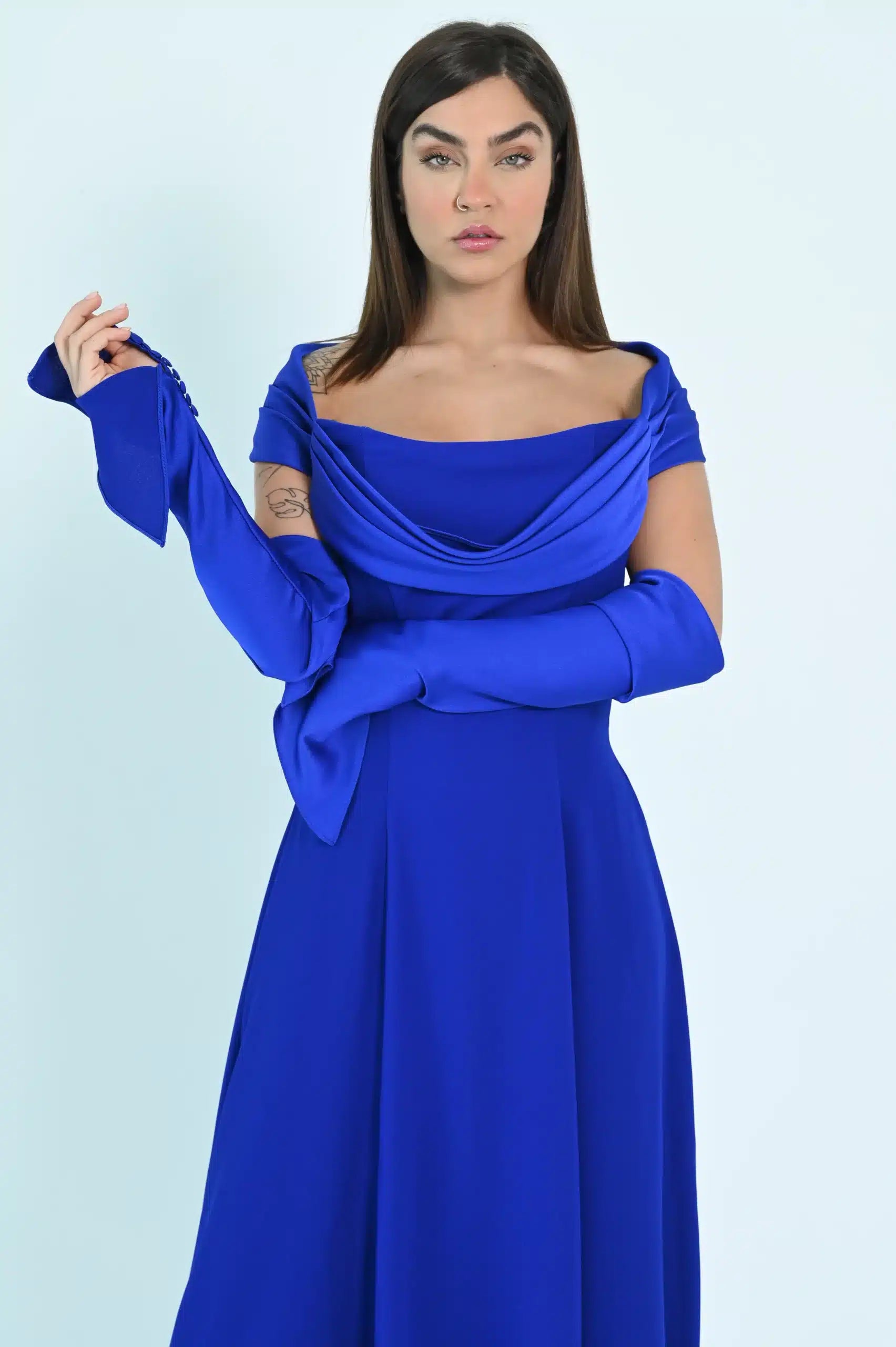 Draped Off Shoulder Crepe Dress