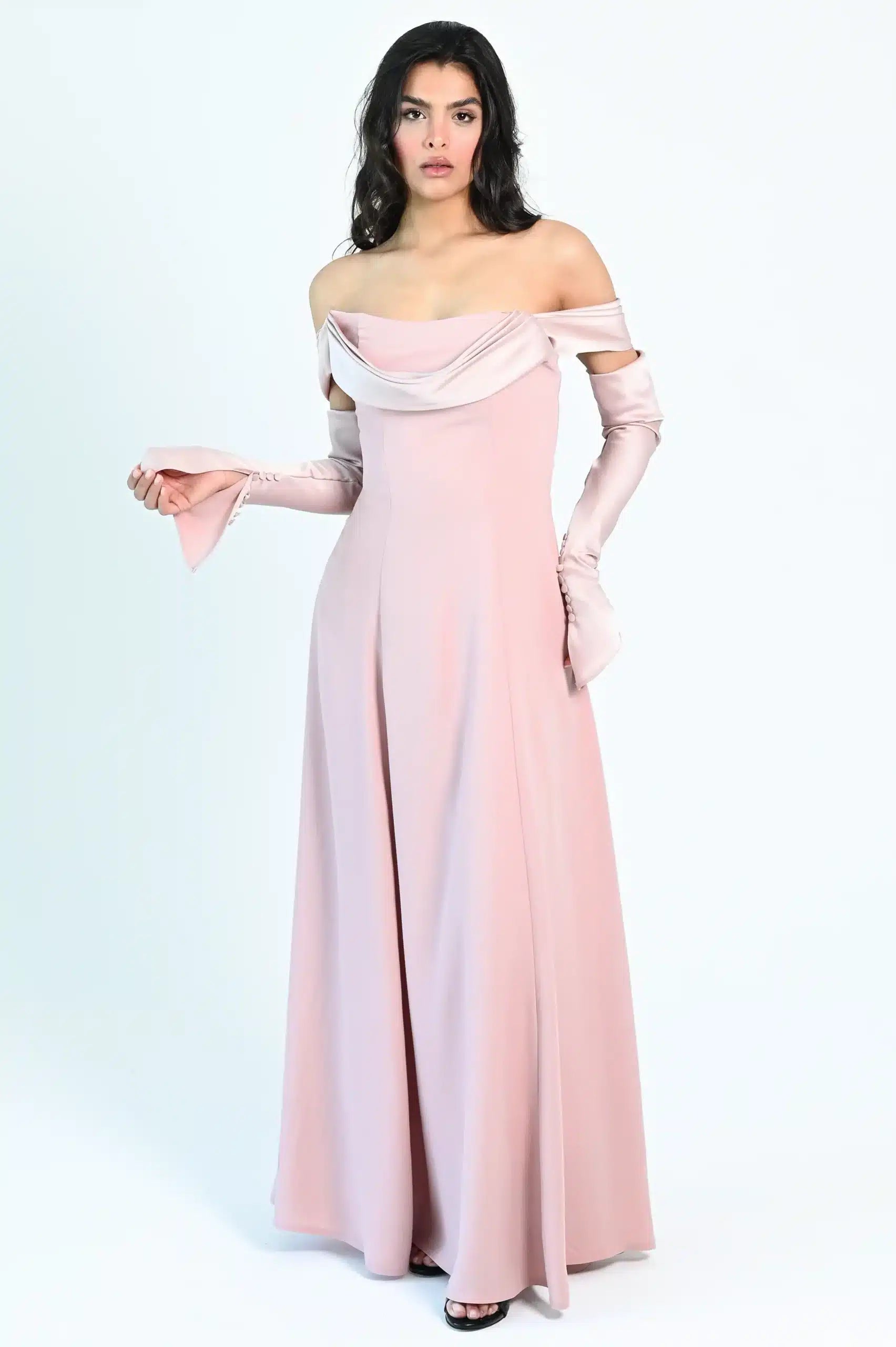 Draped Off Shoulder Crepe Dress