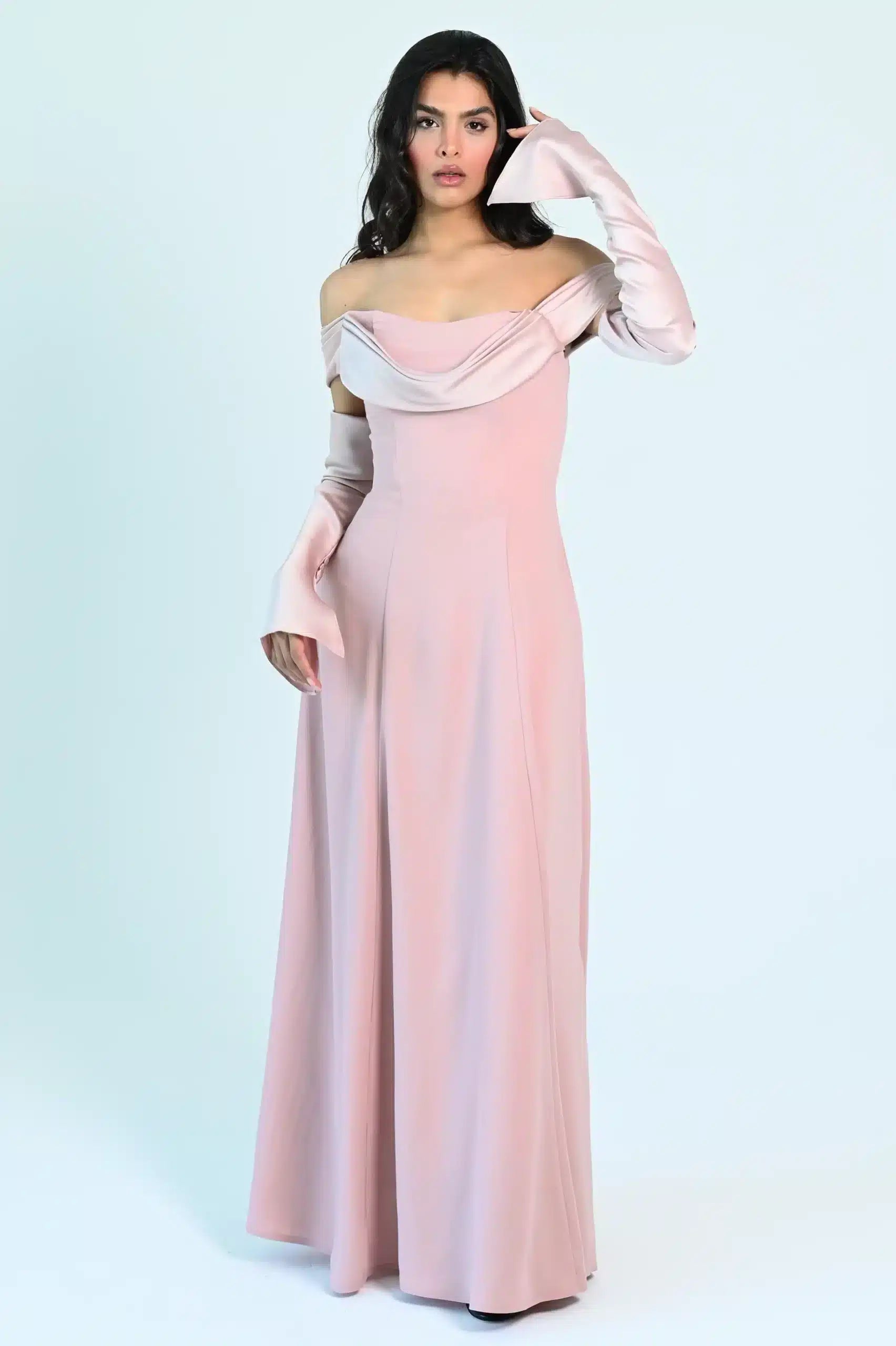 Draped Off Shoulder Crepe Dress