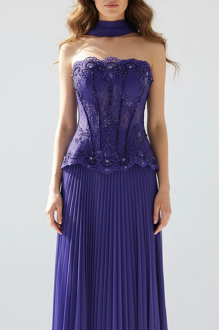 Beaded Corset 2PCS Plisse Skirt