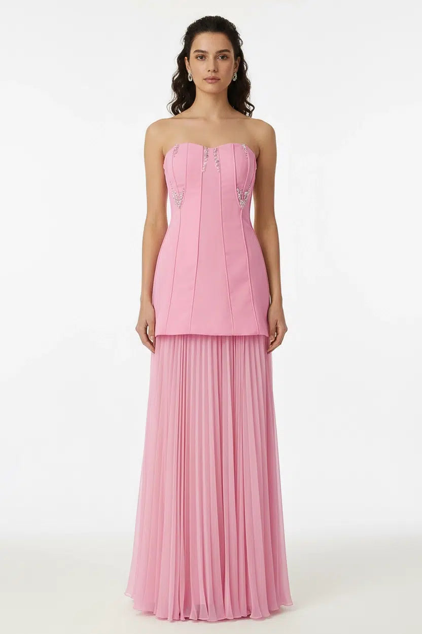 Beaded Long Corset Crepe Dress