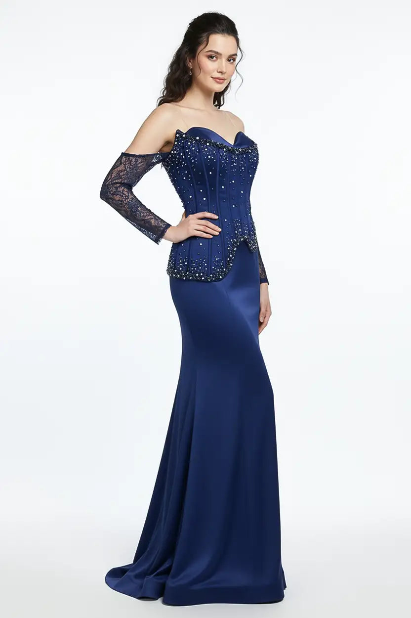 Beaded Bust Corset Satin Dress