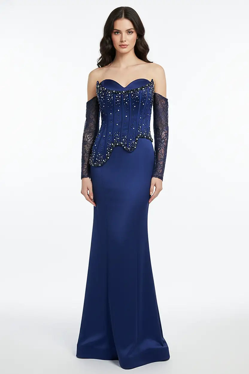 Beaded Bust Corset Satin Dress