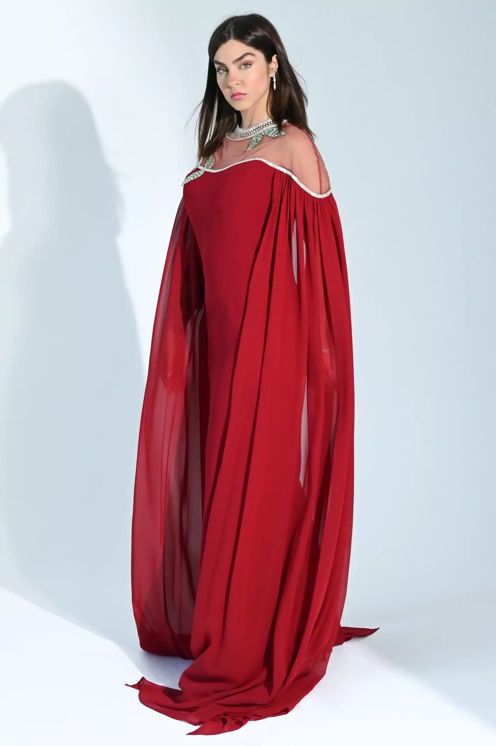 Beaded Tulle Shoulder Crepe Dress