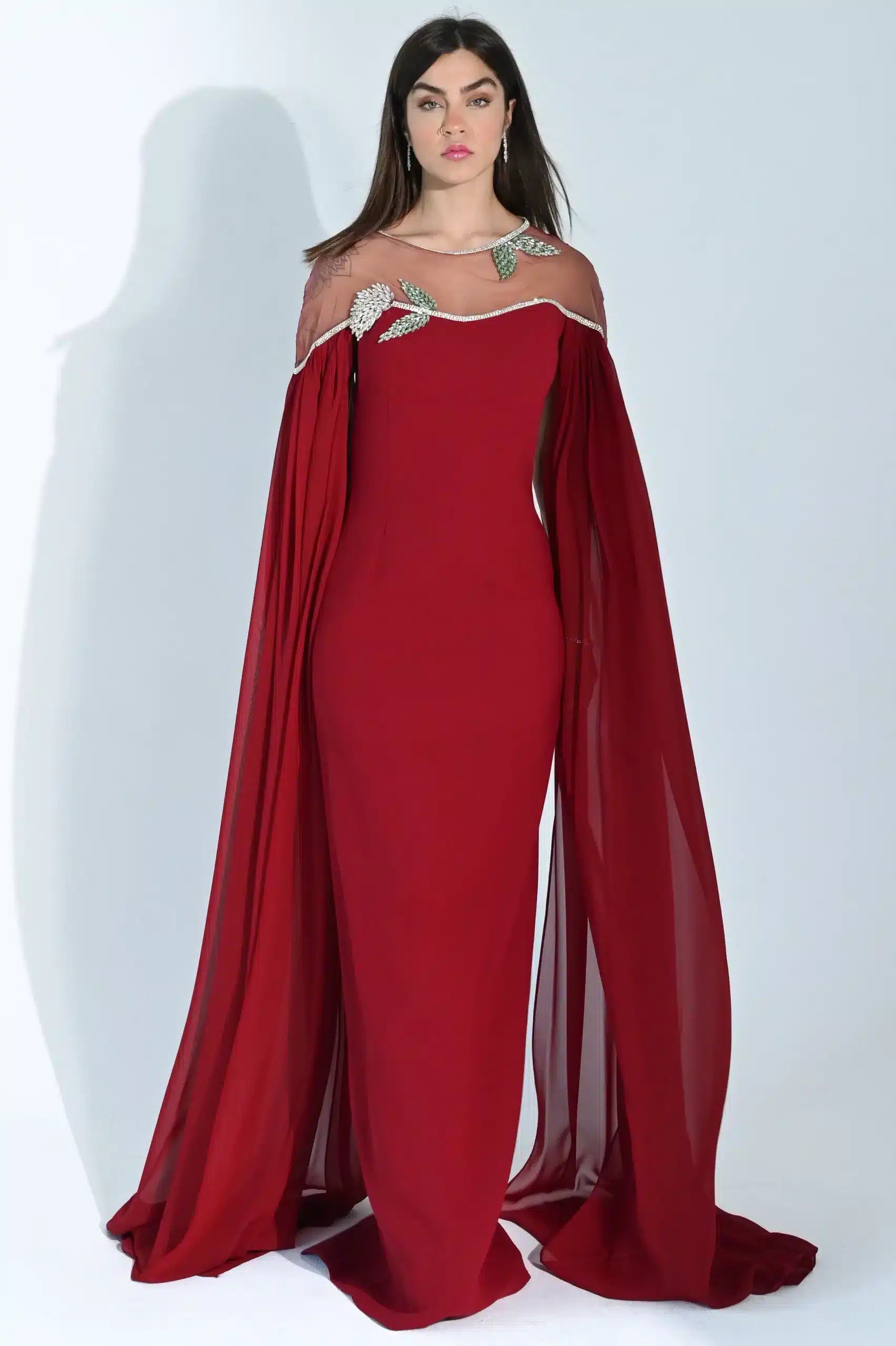 Beaded Tulle Shoulder Crepe Dress