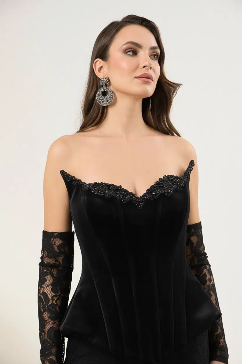 Beaded Velvet Corset Dantel Jumpsuit