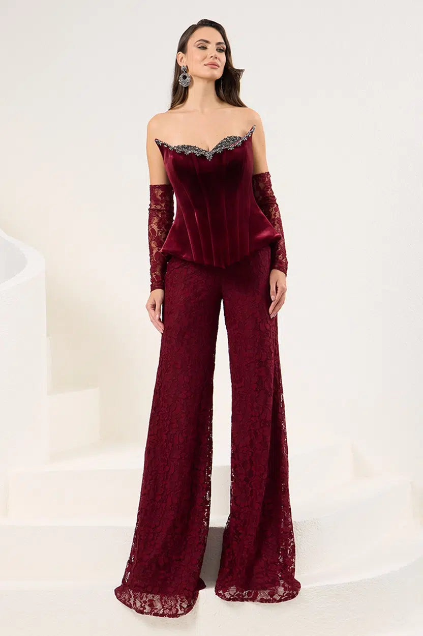 Beaded Velvet Corset Dantel Jumpsuit
