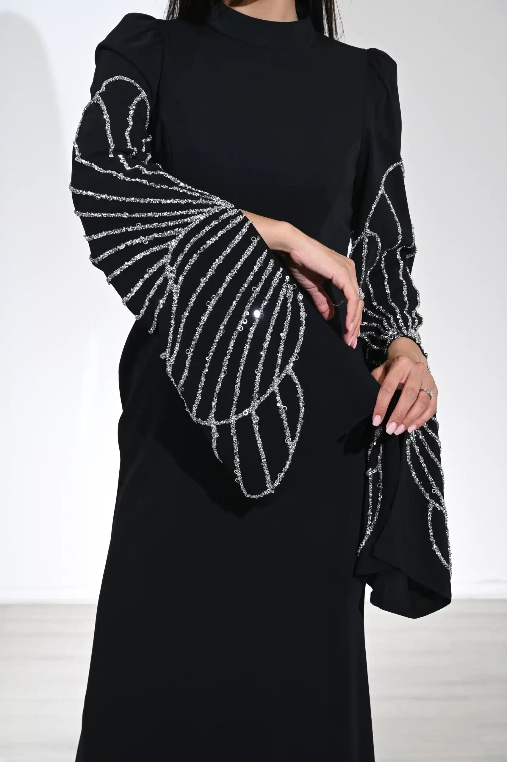 Beaded Wide Sleeves Crepe Dress