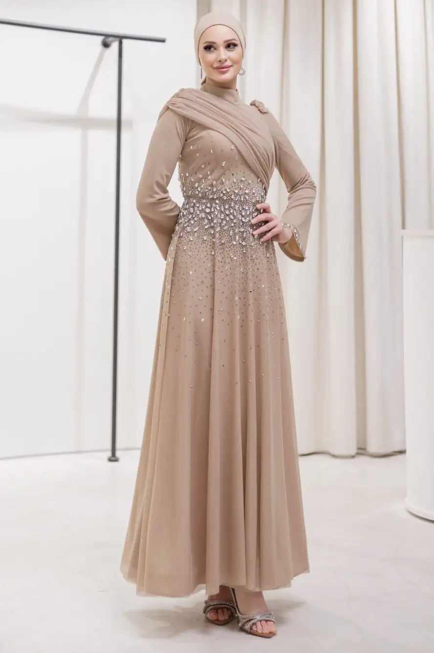 Draped Shoulder Scattered Crystal Dress