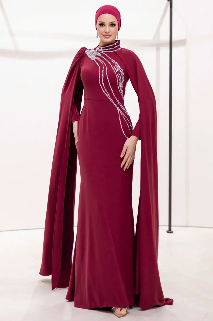 Shawl Sleeves Crystal Lines Crepe Dress