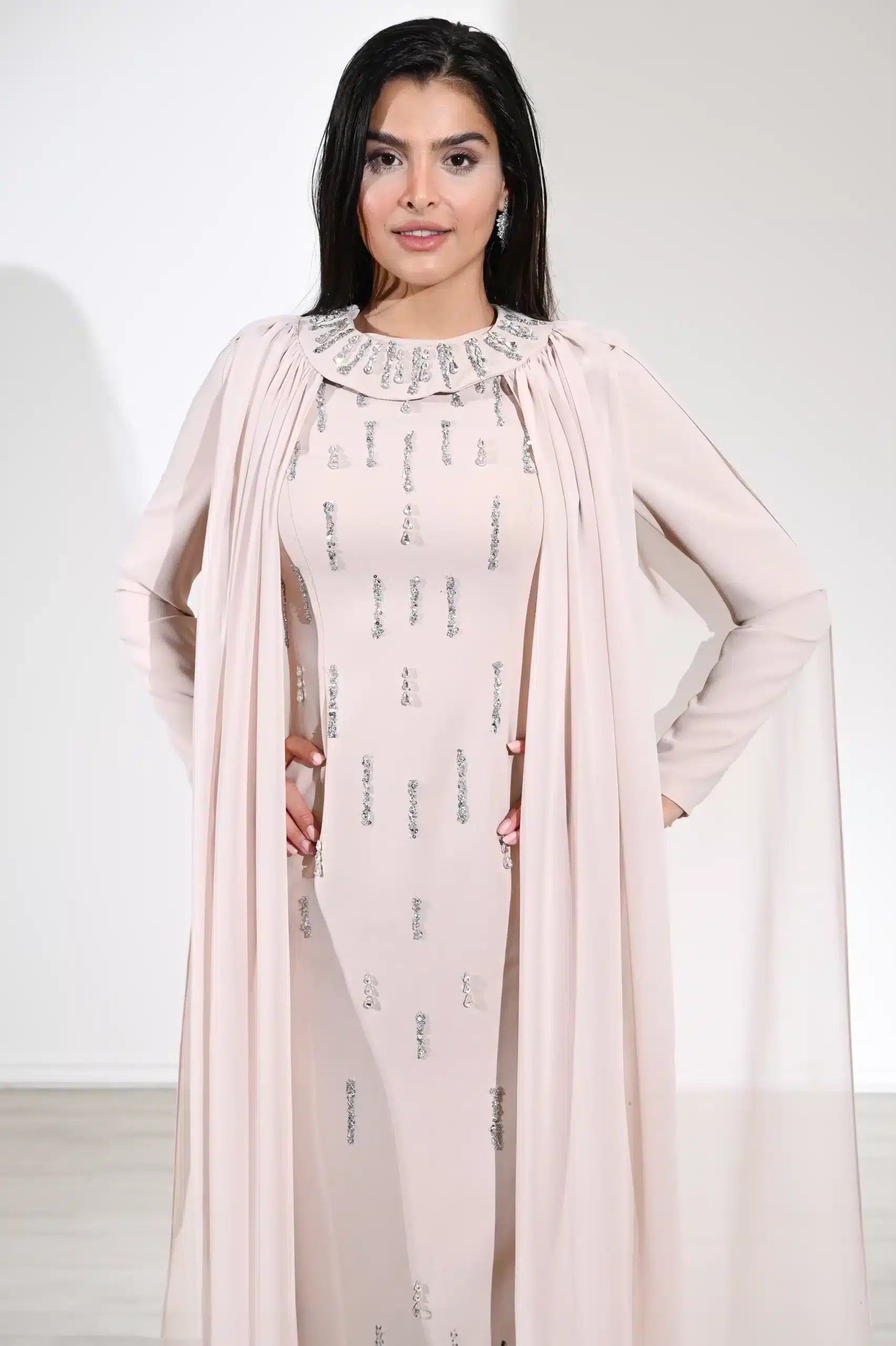 Cape Shoulder Round Neck Crepe Dress