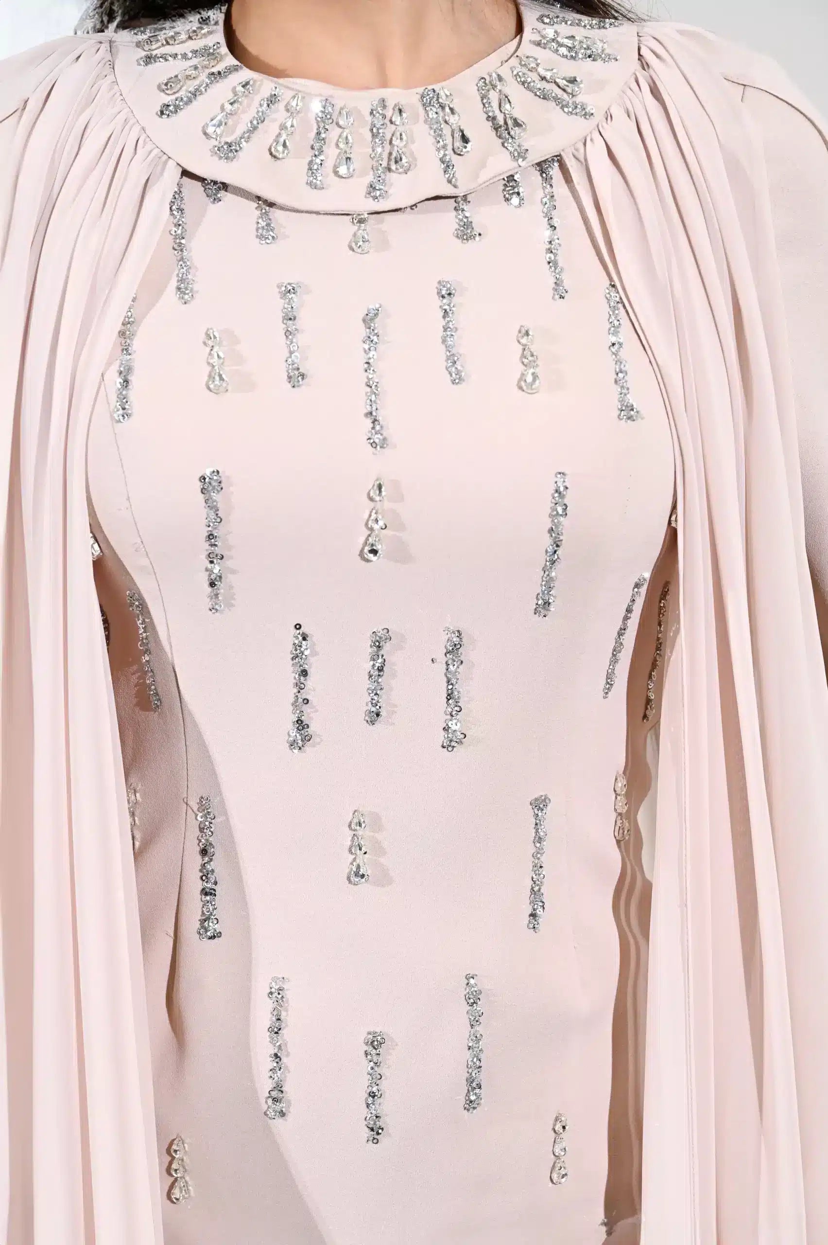 Cape Shoulder Round Neck Crepe Dress