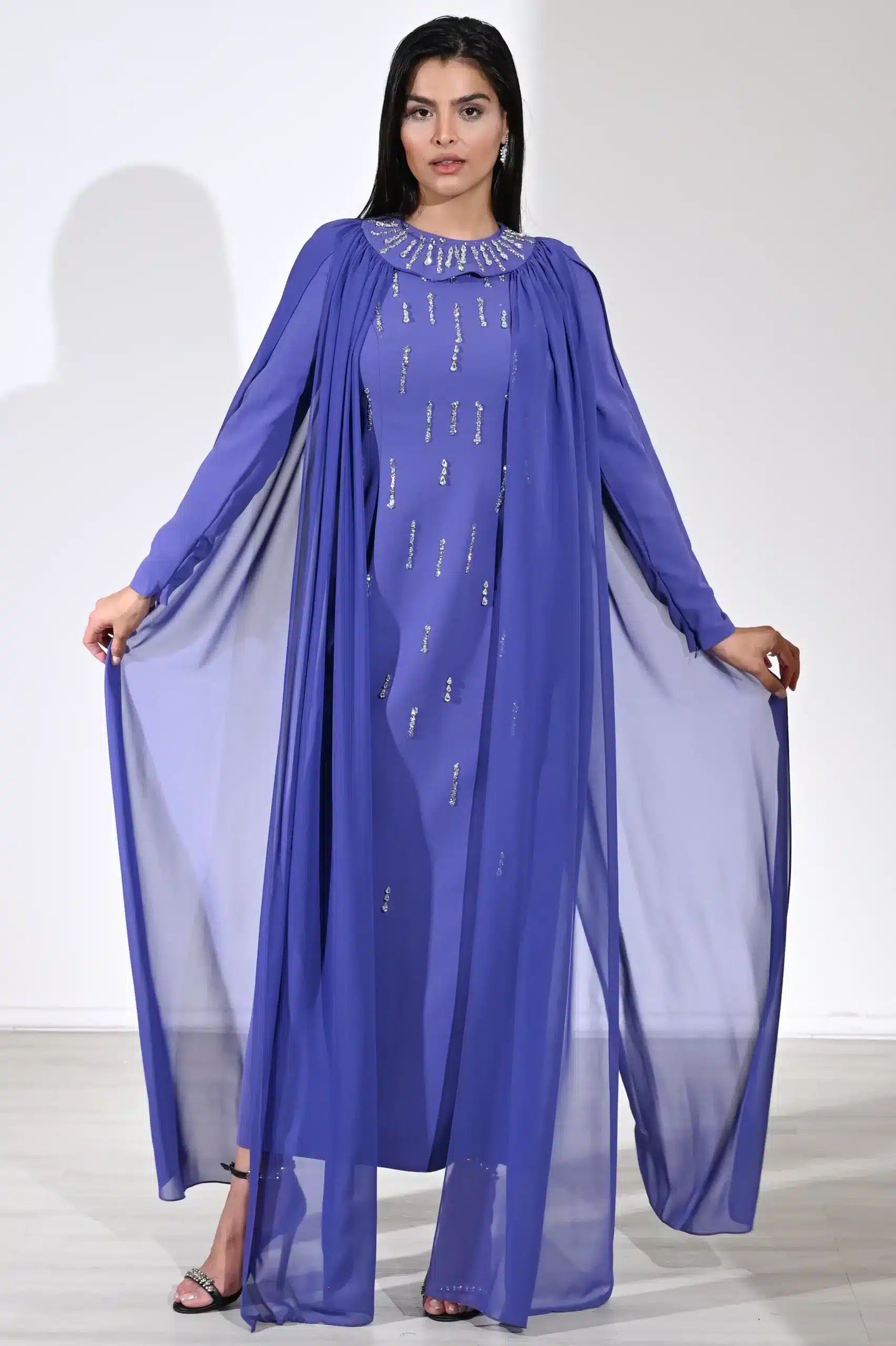 Cape Shoulder Round Neck Crepe Dress