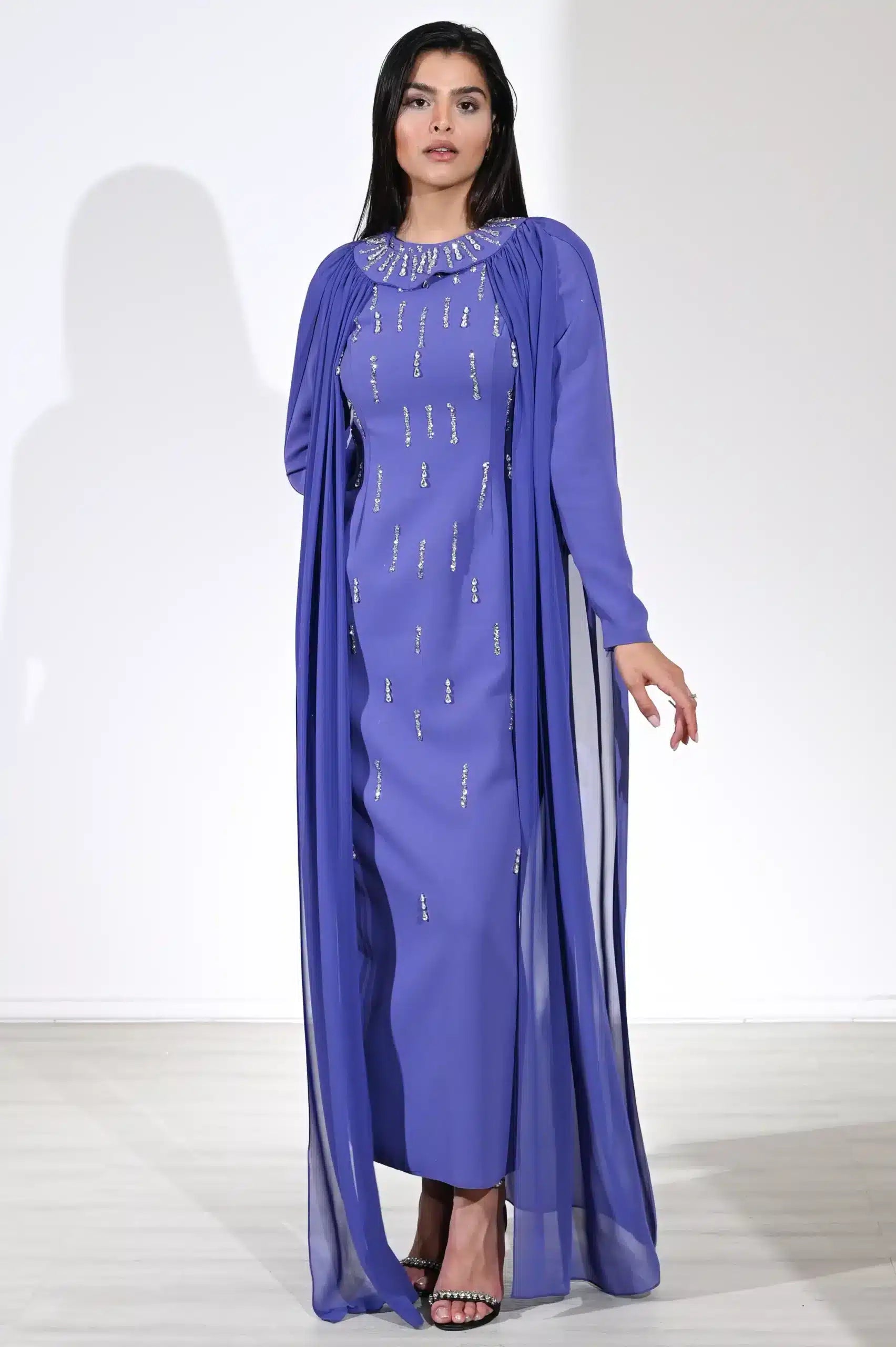 Cape Shoulder Round Neck Crepe Dress