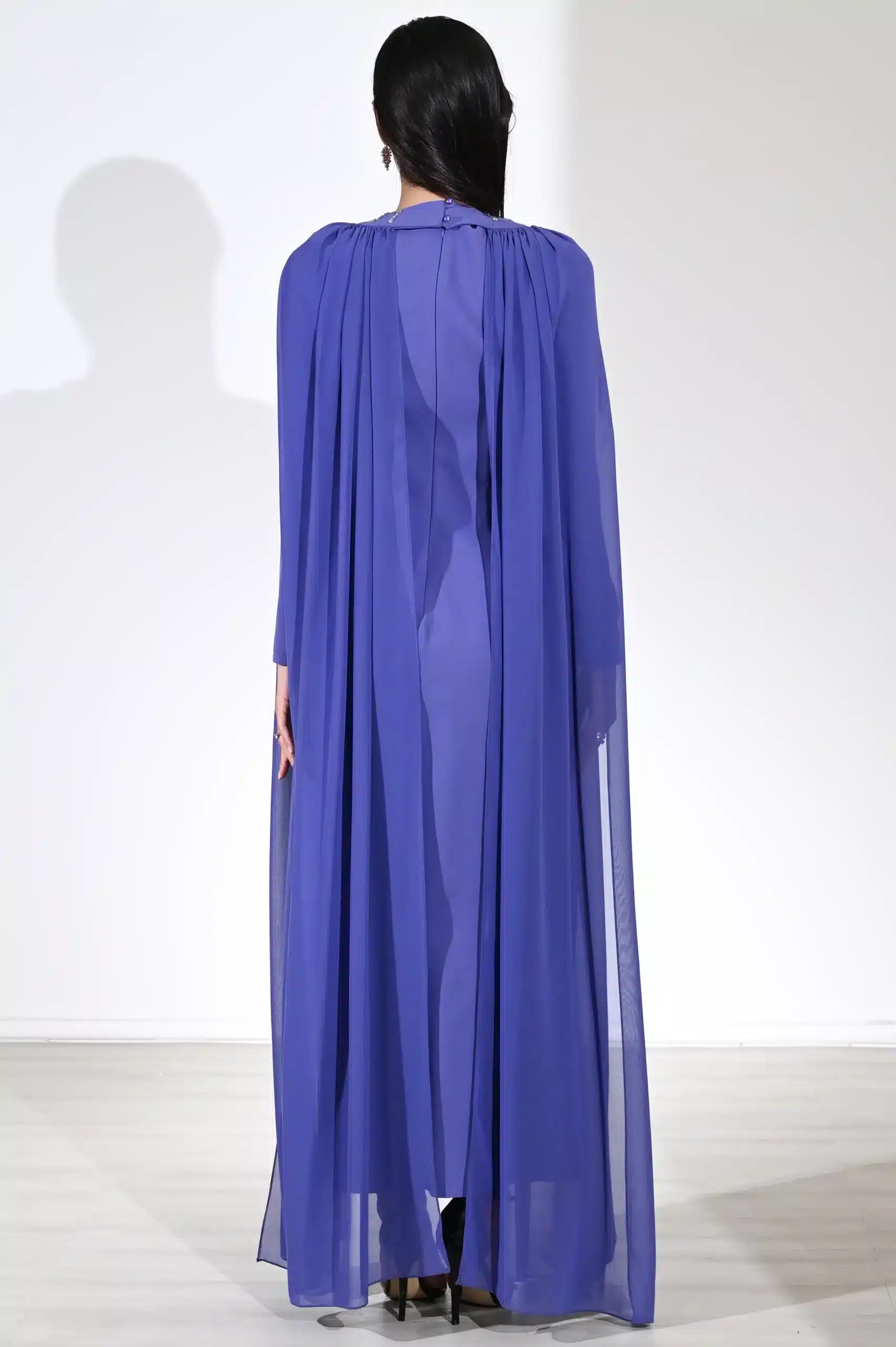 Cape Shoulder Round Neck Crepe Dress