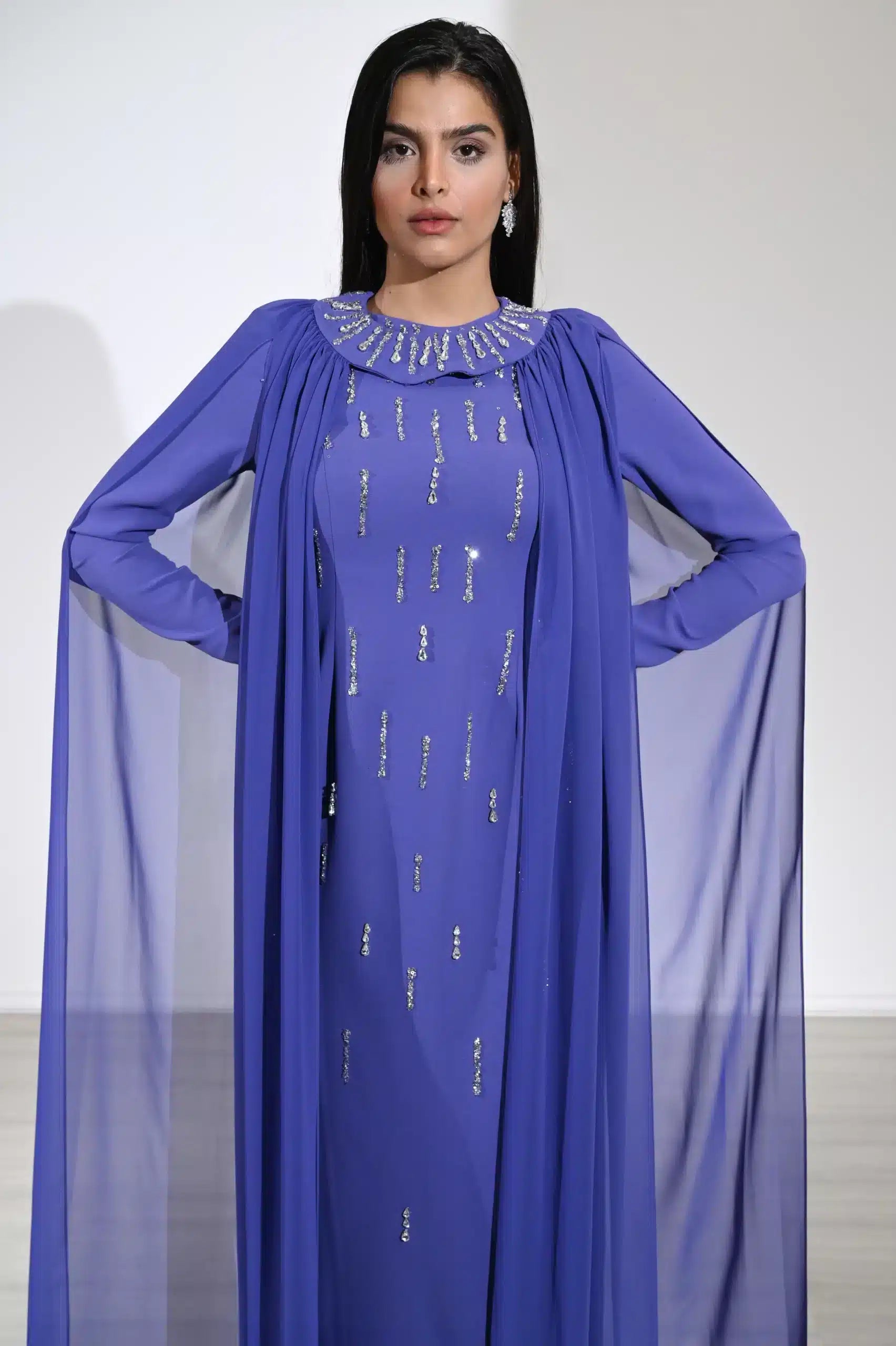 Cape Shoulder Round Neck Crepe Dress