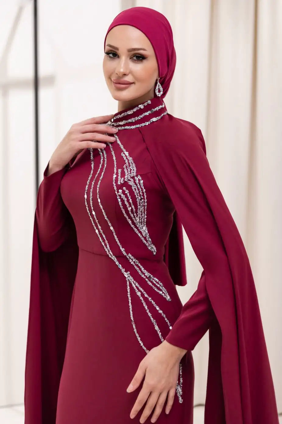 Shawl Sleeves Crystal Lines Crepe Dress
