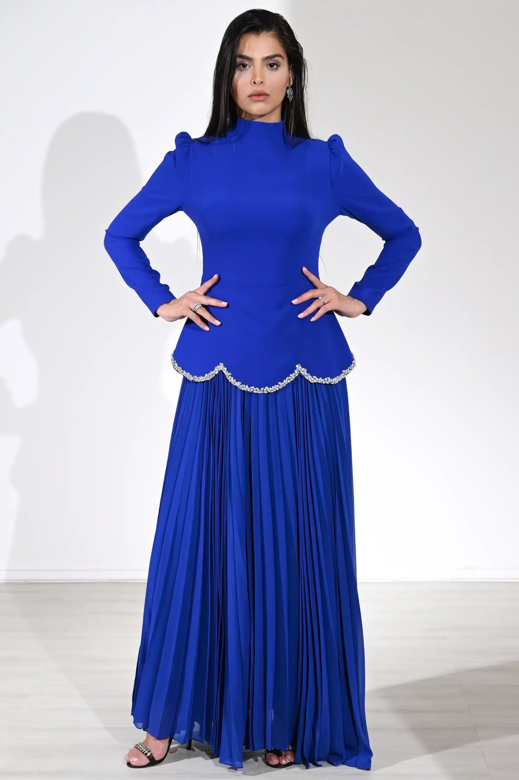 Crysral Detail Plisse Chiffon Dress