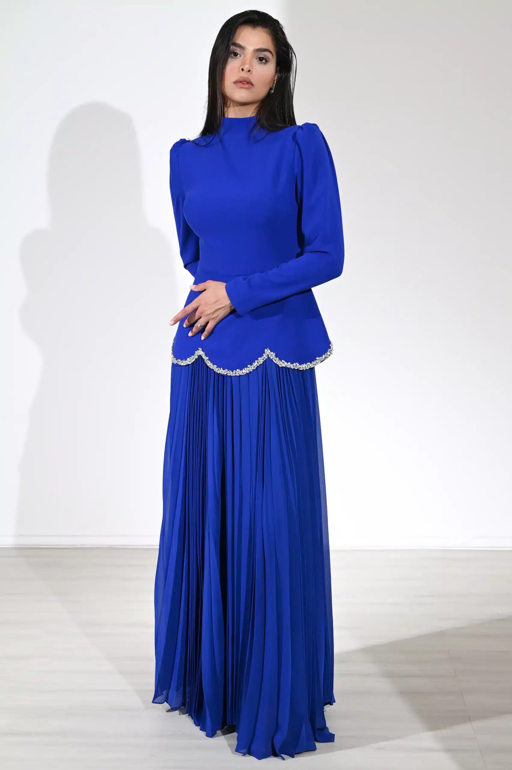 Crysral Detail Plisse Chiffon Dress