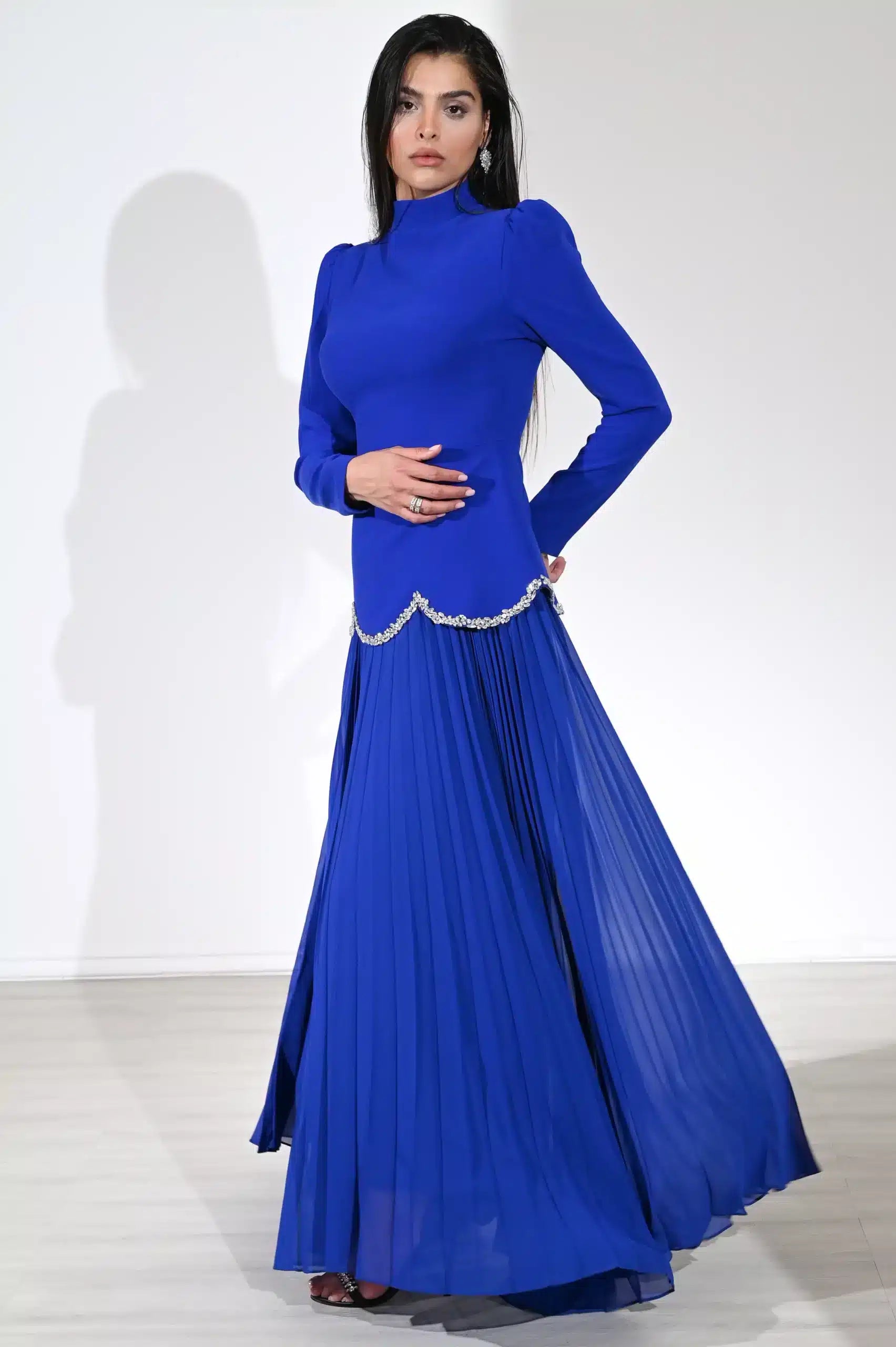Crysral Detail Plisse Chiffon Dress