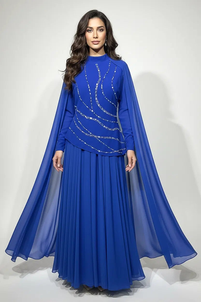 Crystal Detail Shawl Chiffon Crepe Dress