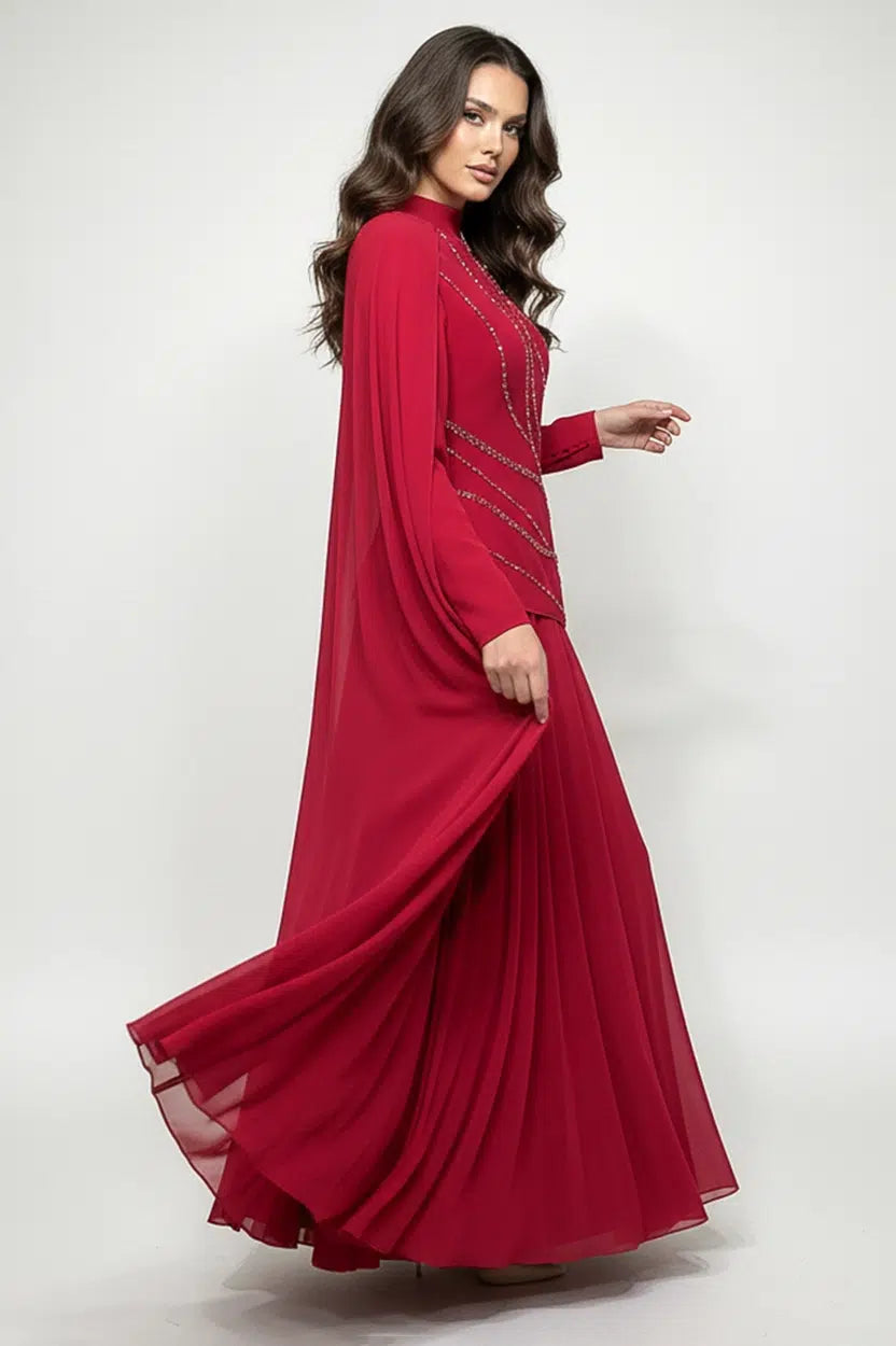 Crystal Detail Shawl Chiffon Crepe Dress