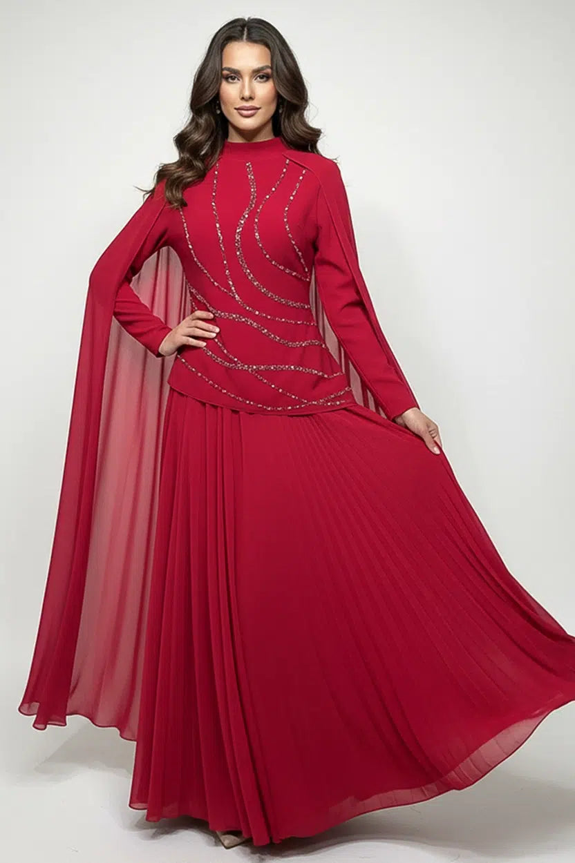 Crystal Detail Shawl Chiffon Crepe Dress