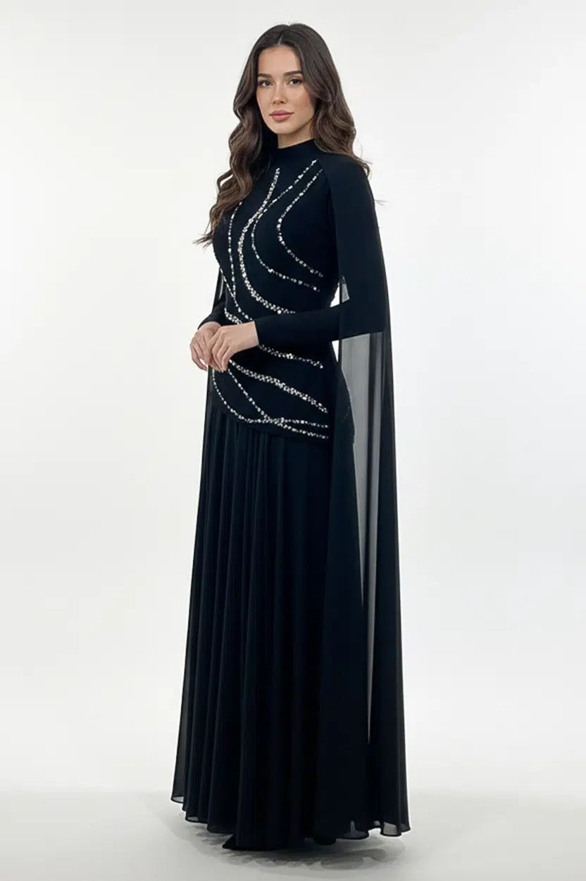 Crystal Detail Shawl Chiffon Crepe Dress