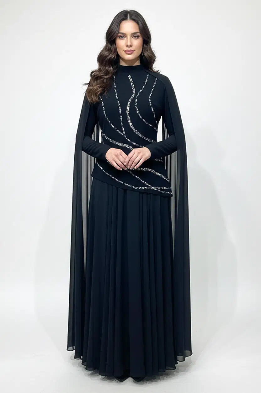 Crystal Detail Shawl Chiffon Crepe Dress