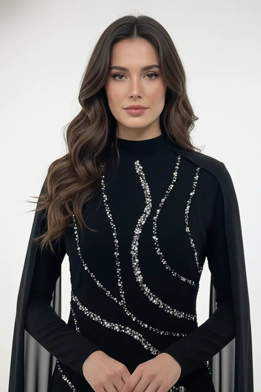 Crystal Detail Shawl Chiffon Crepe Dress