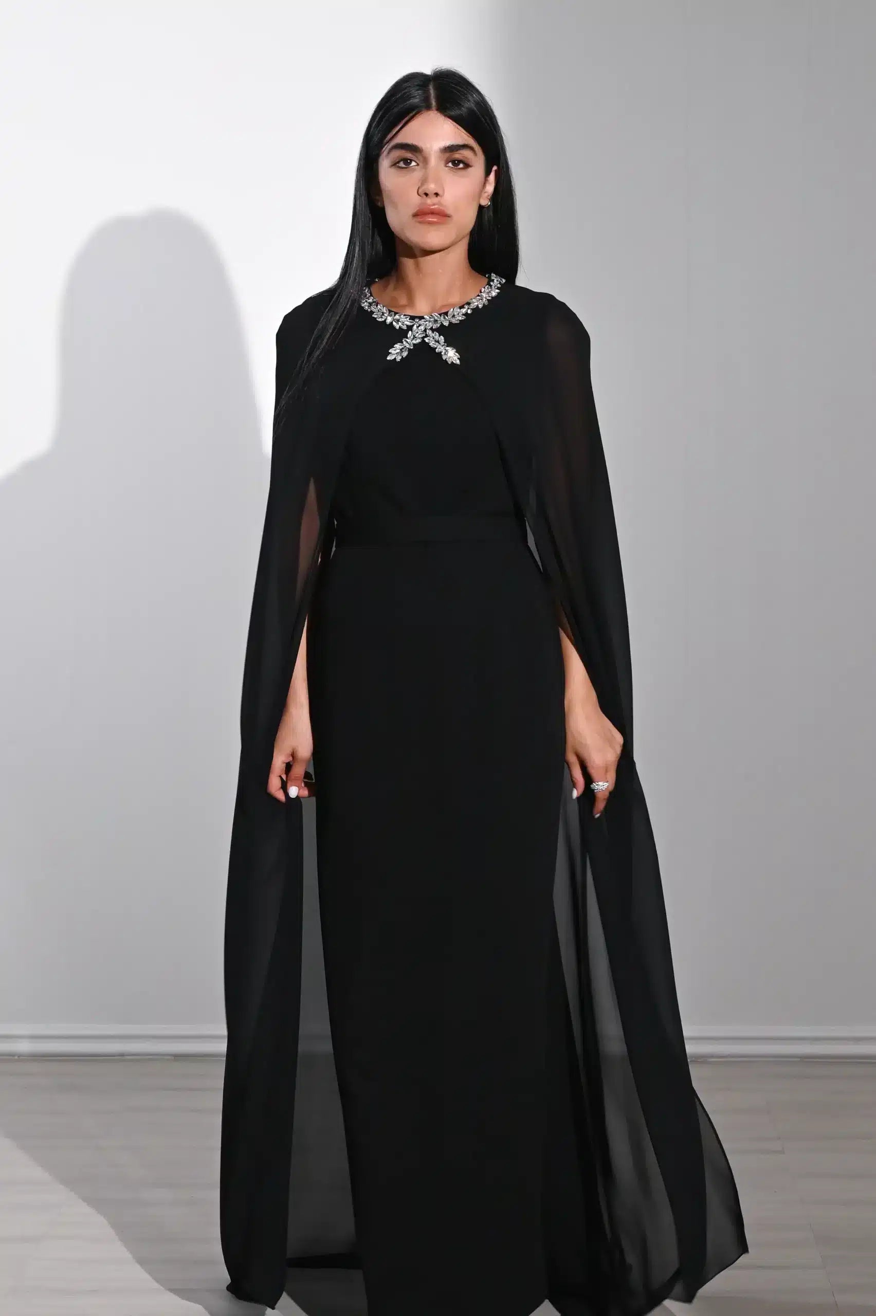 Crystal Neck Flute Sleeve Crepe Dress