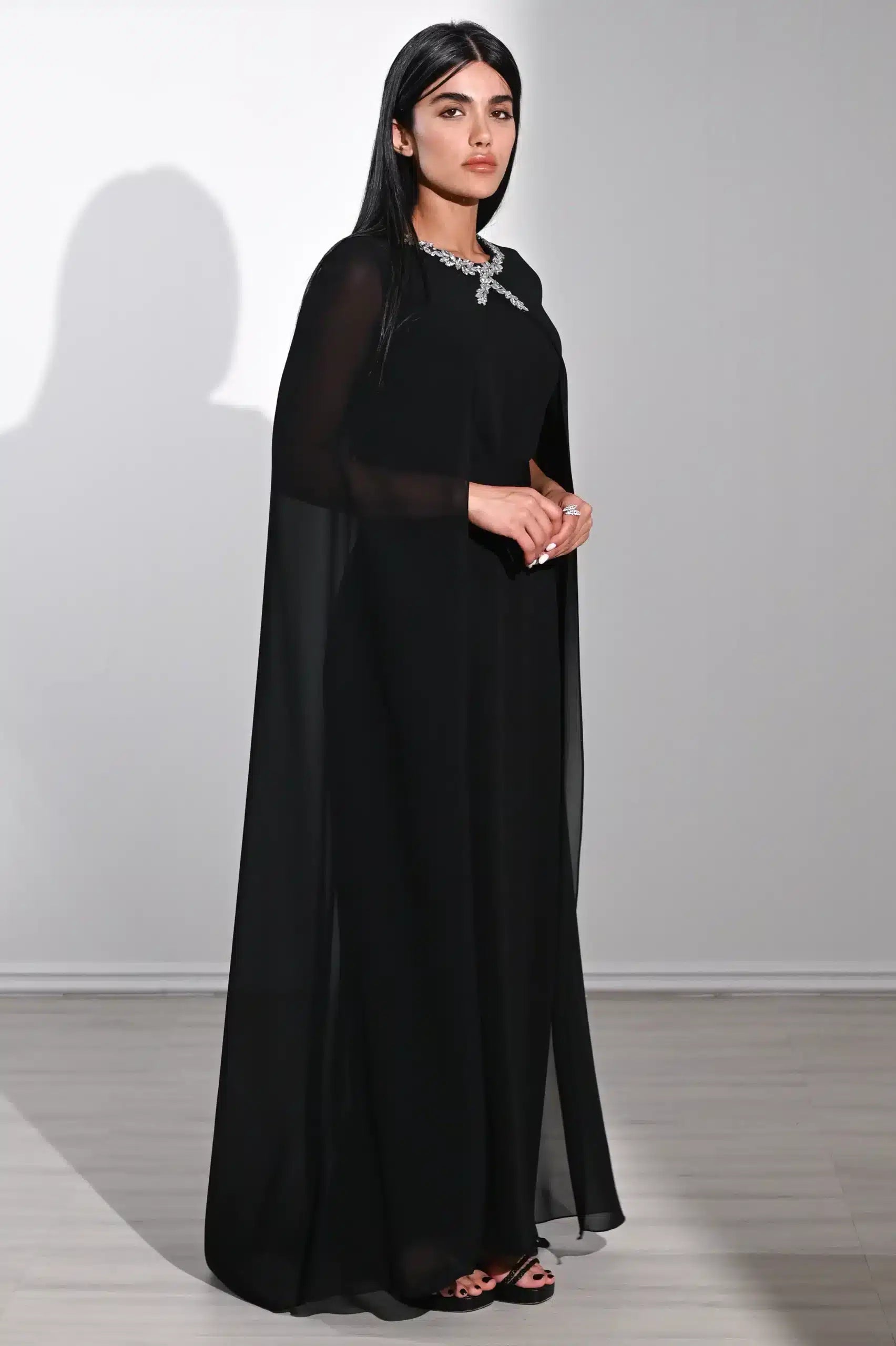 Crystal Neck Flute Sleeve Crepe Dress