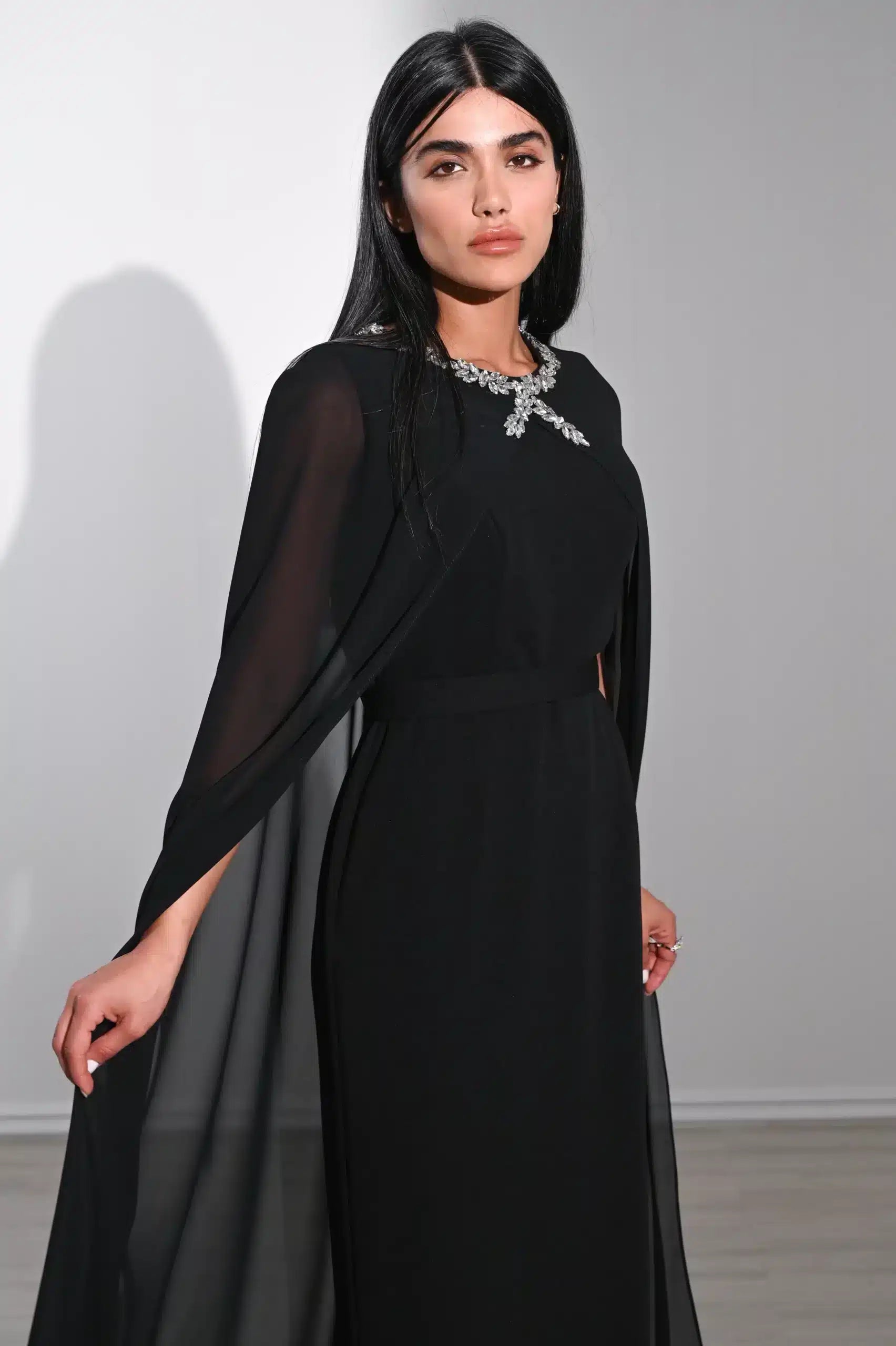 Crystal Neck Flute Sleeve Crepe Dress