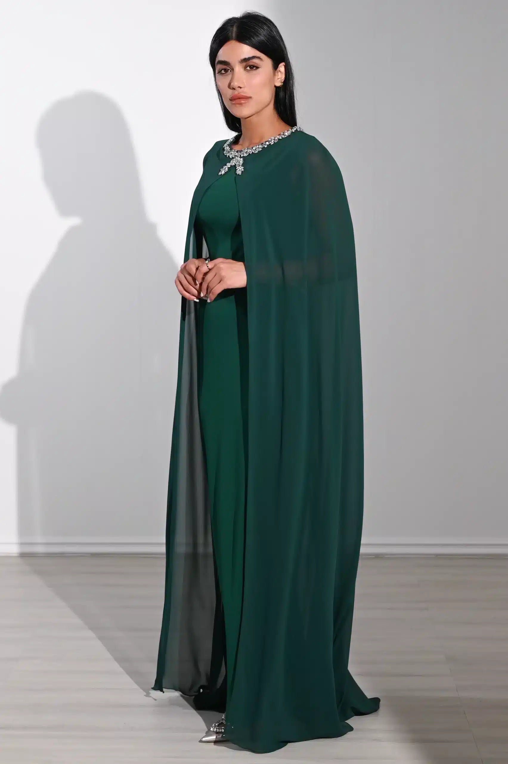 Crystal Neck Flute Sleeve Crepe Dress