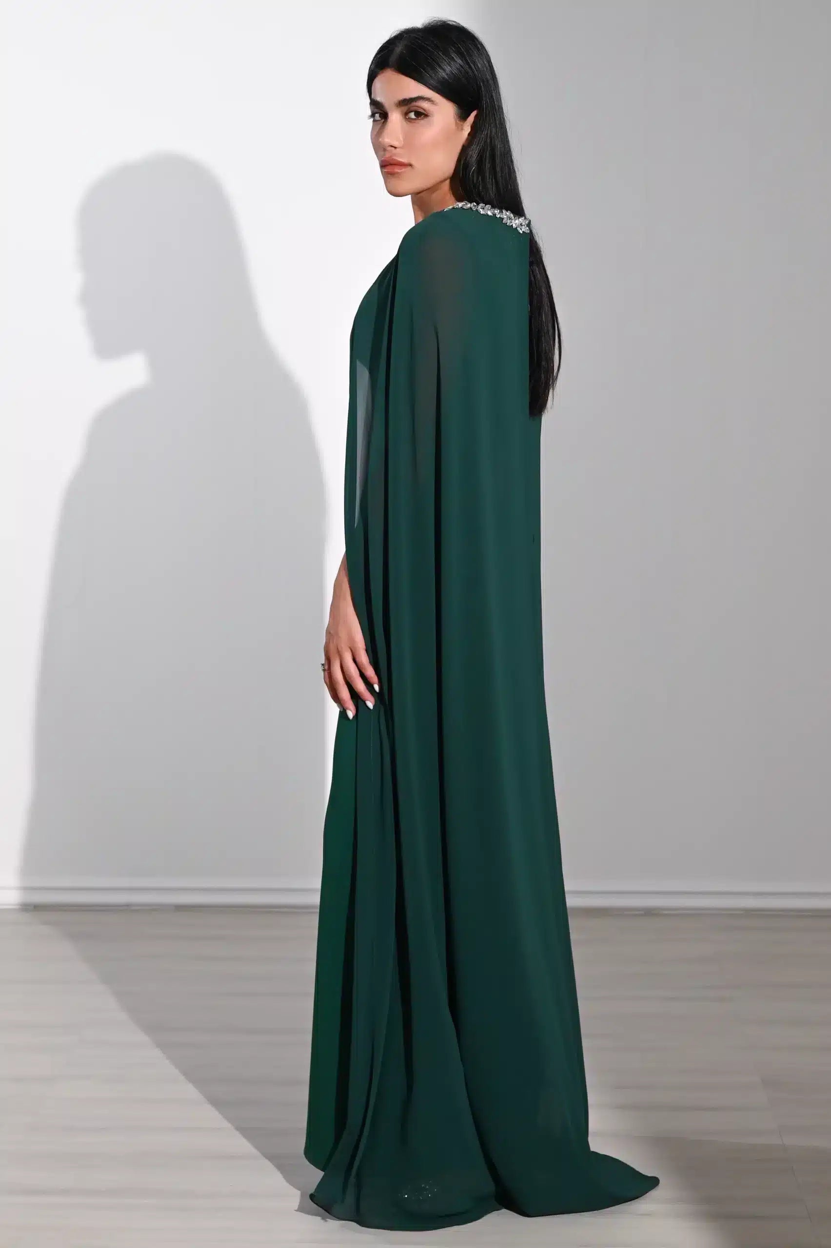 Crystal Neck Flute Sleeve Crepe Dress