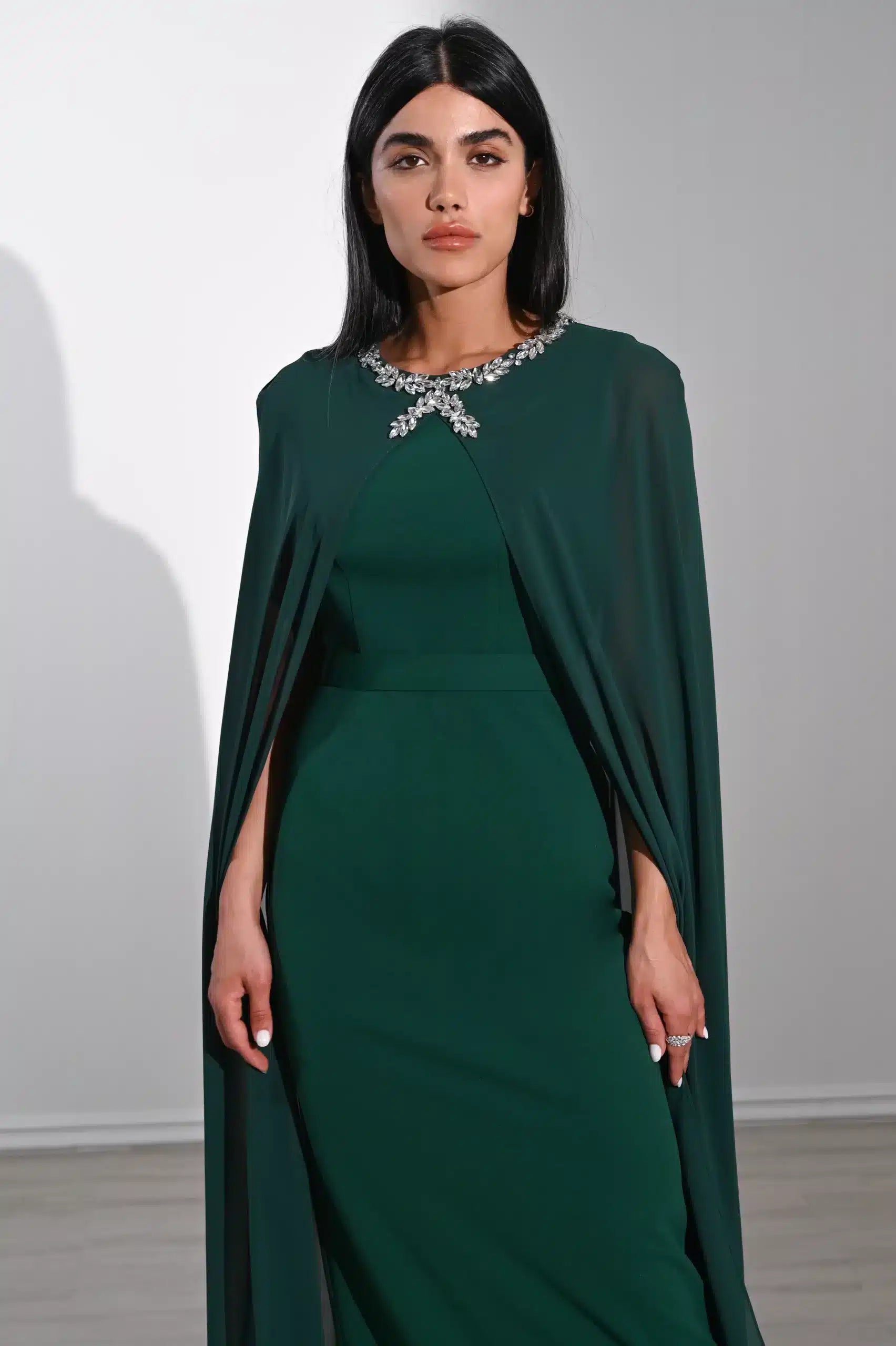 Crystal Neck Flute Sleeve Crepe Dress