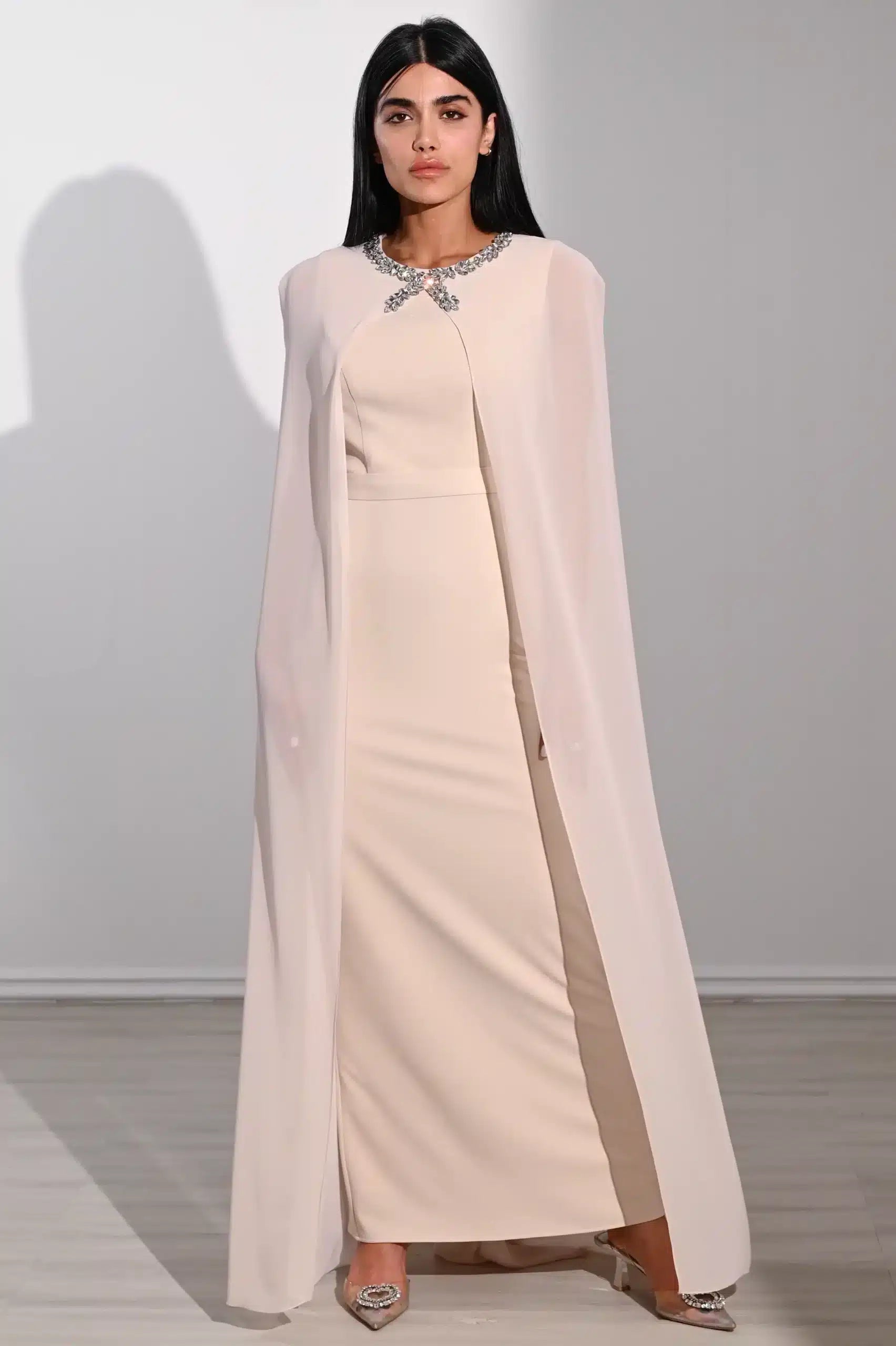 Crystal Neck Flute Sleeve Crepe Dress