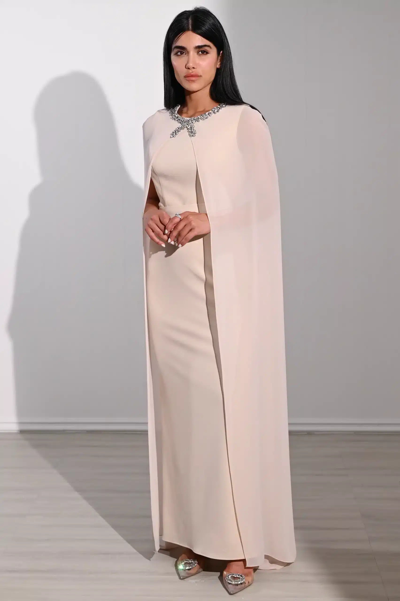 Crystal Neck Flute Sleeve Crepe Dress