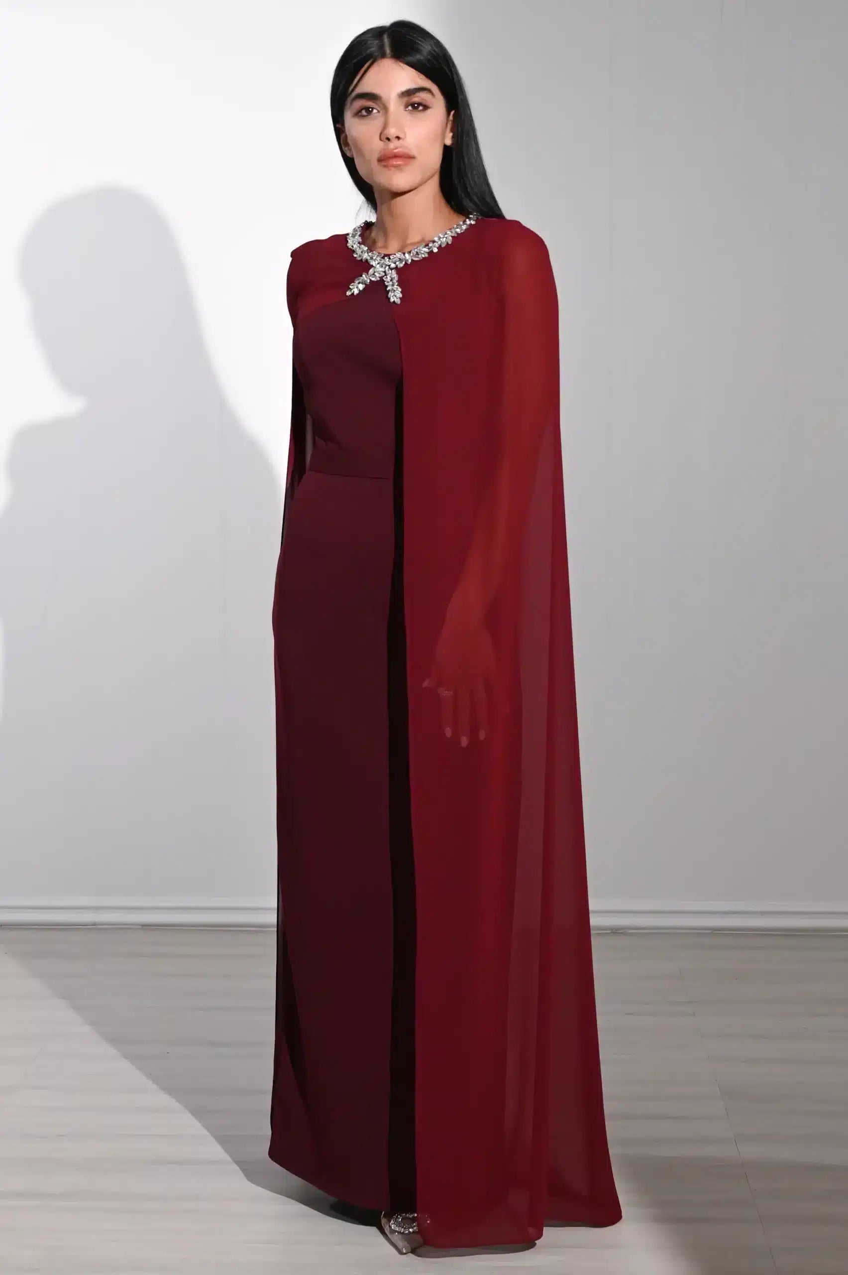 Crystal Neck Flute Sleeve Crepe Dress