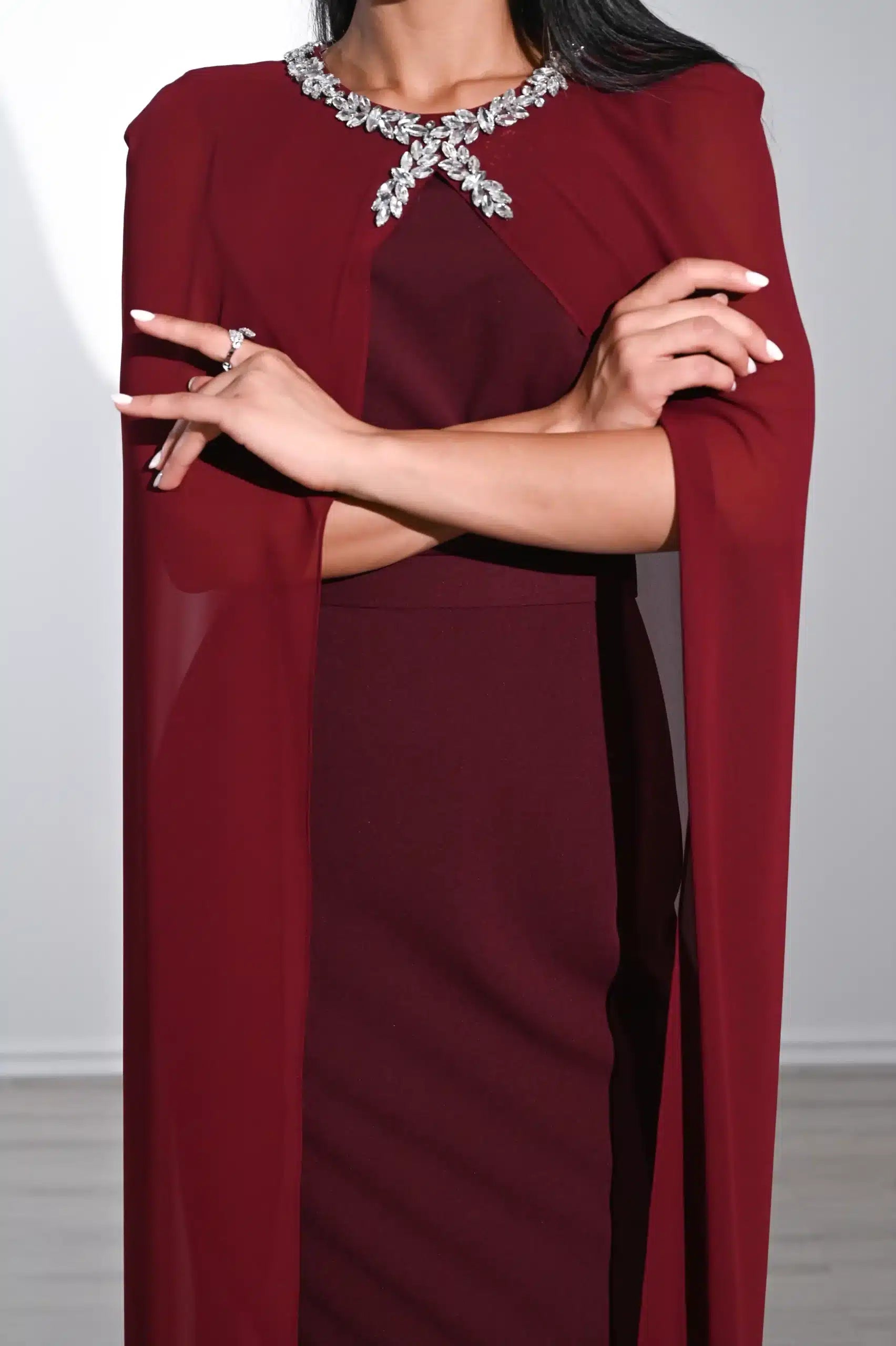 Crystal Neck Flute Sleeve Crepe Dress