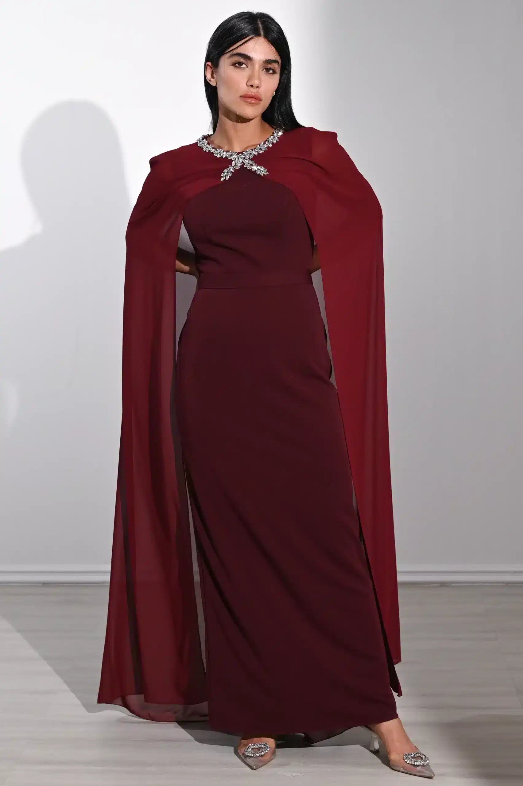 Crystal Neck Flute Sleeve Crepe Dress