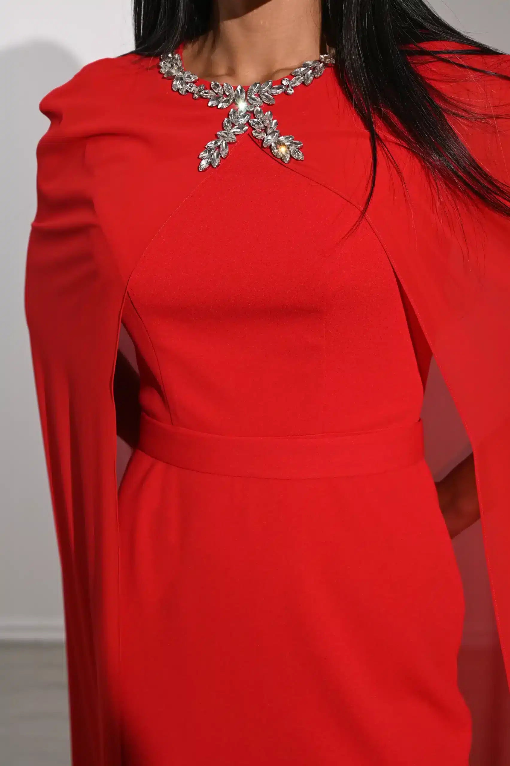 Crystal Neck Flute Sleeve Crepe Dress