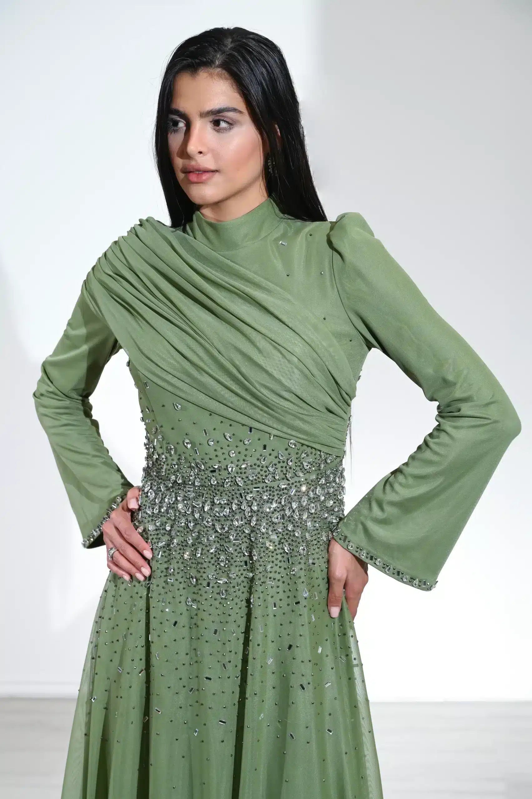 Draped Shoulder Scattered Crystal Dress